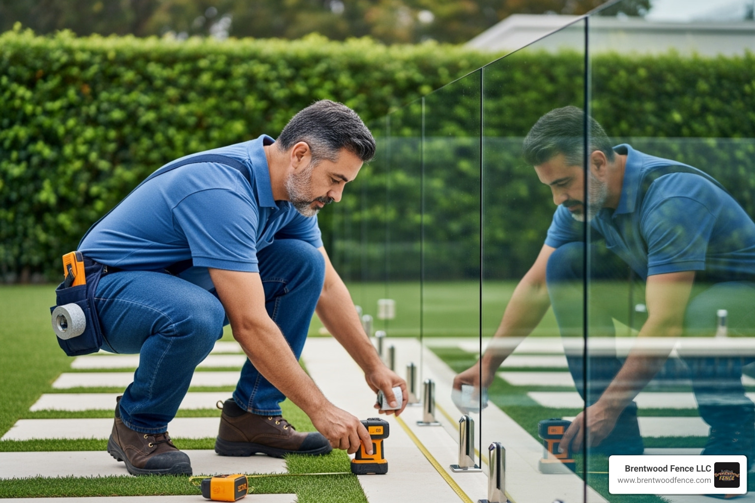 Professional installer measuring the area for a glass pool fence installation - pool and glass fencing solutions