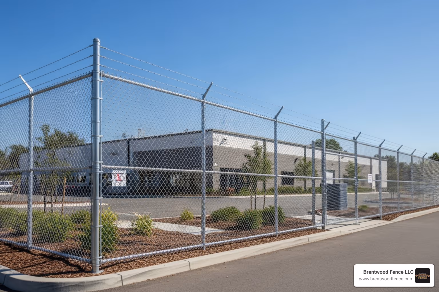 tall, 8-foot galvanized chain link fence with a top rail around a commercial property - chain link fence heights