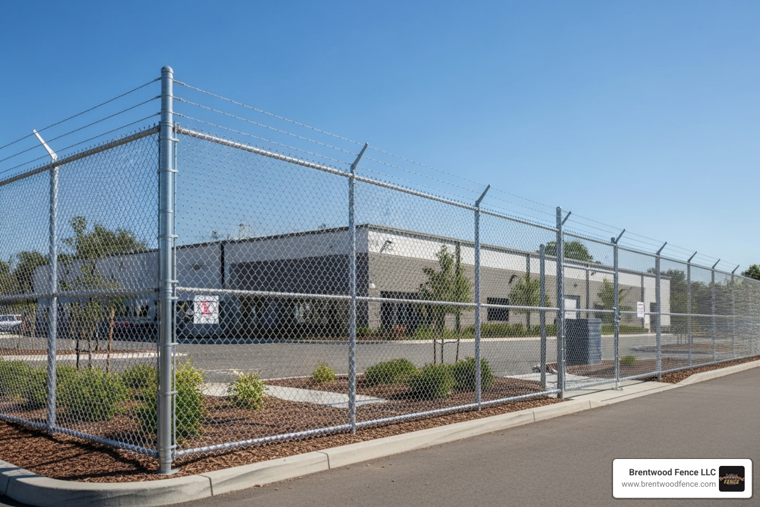 tall, 8-foot galvanized chain link fence with a top rail around a commercial property - chain link fence heights