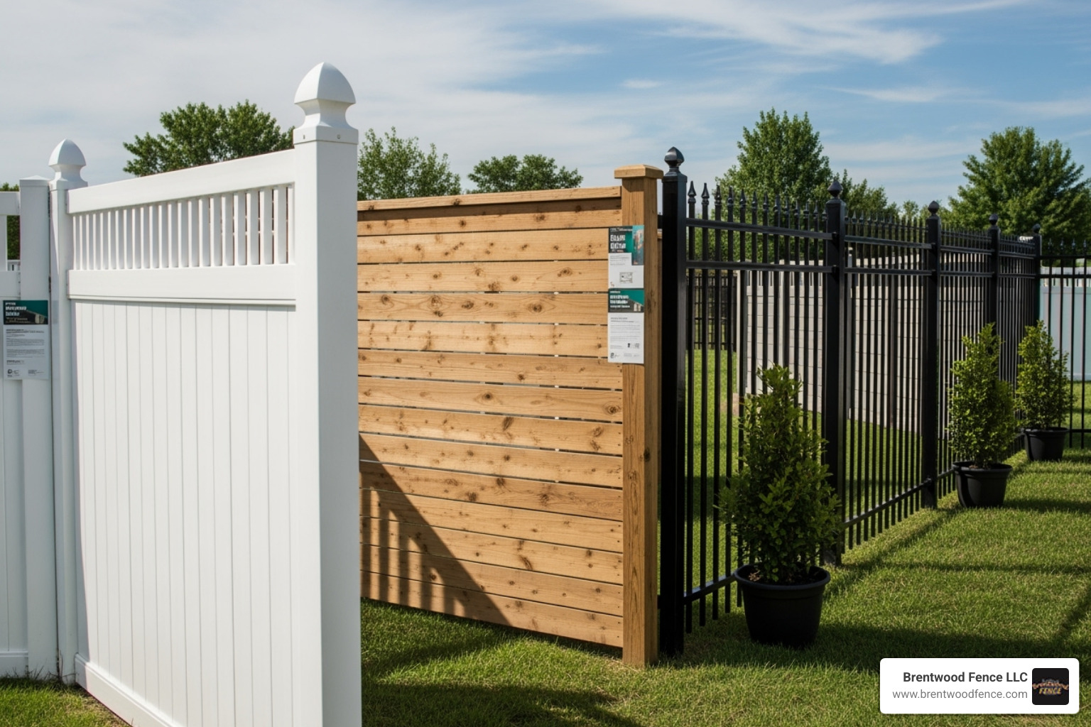 display yard showing vinyl, wood, and aluminum fence styles - dover nh fence company