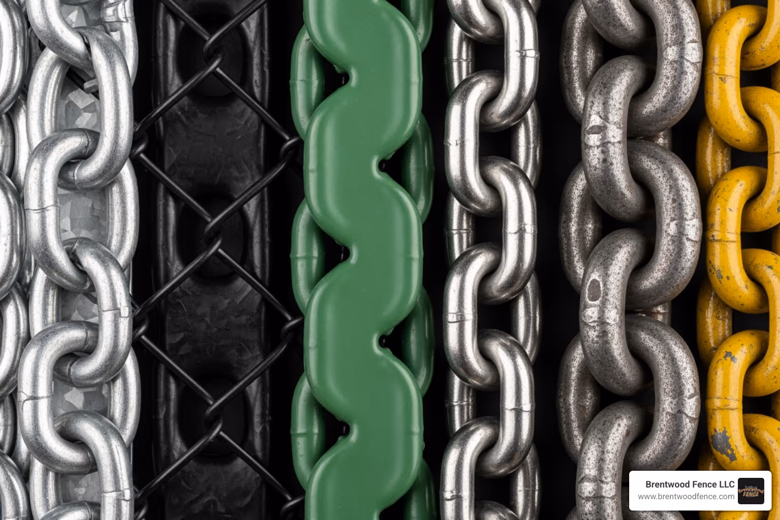 Image of different chain link materials and coatings side-by-side - heavy chain link