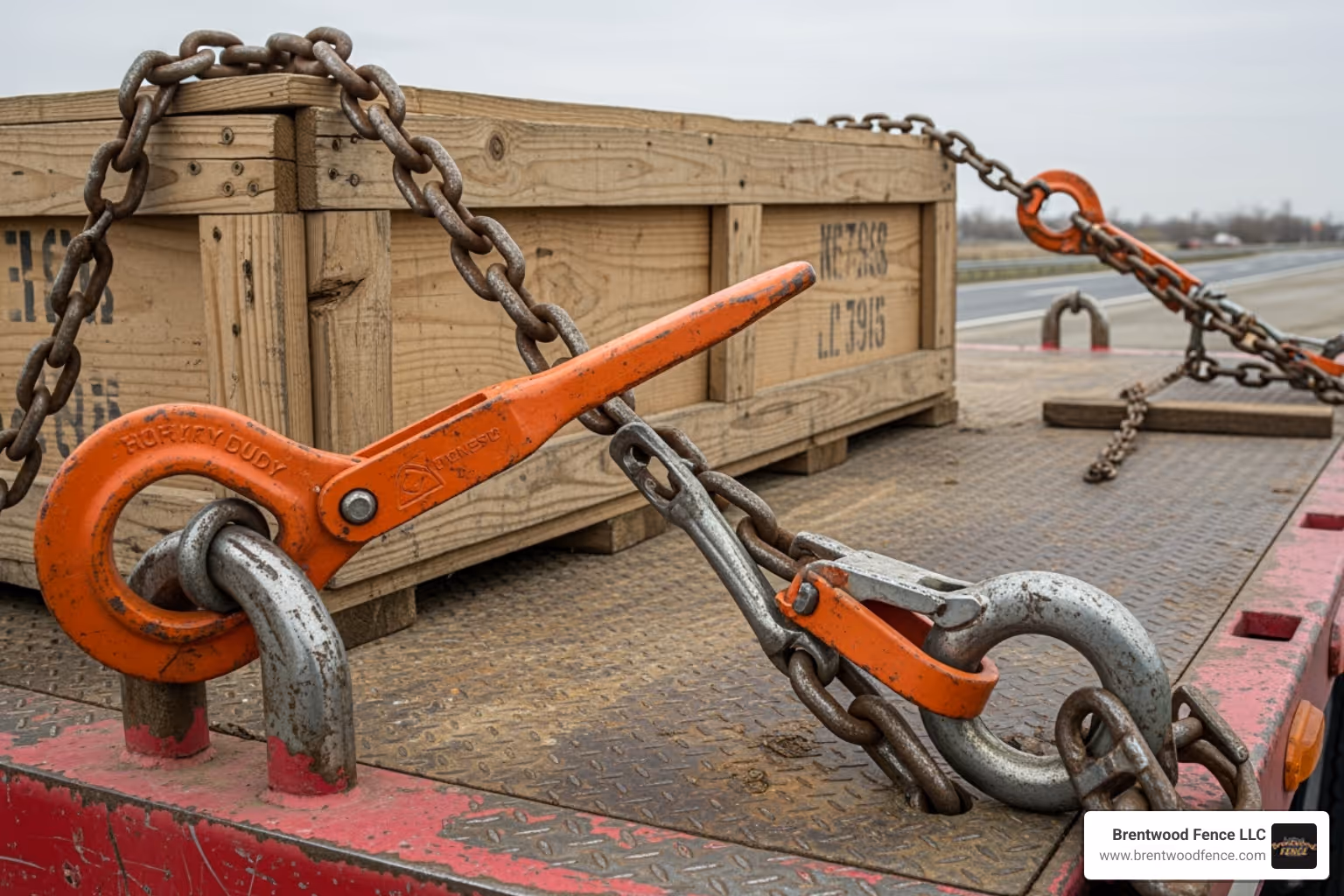Image of a heavy transport chain securing cargo on a flatbed truck - heavy chain link