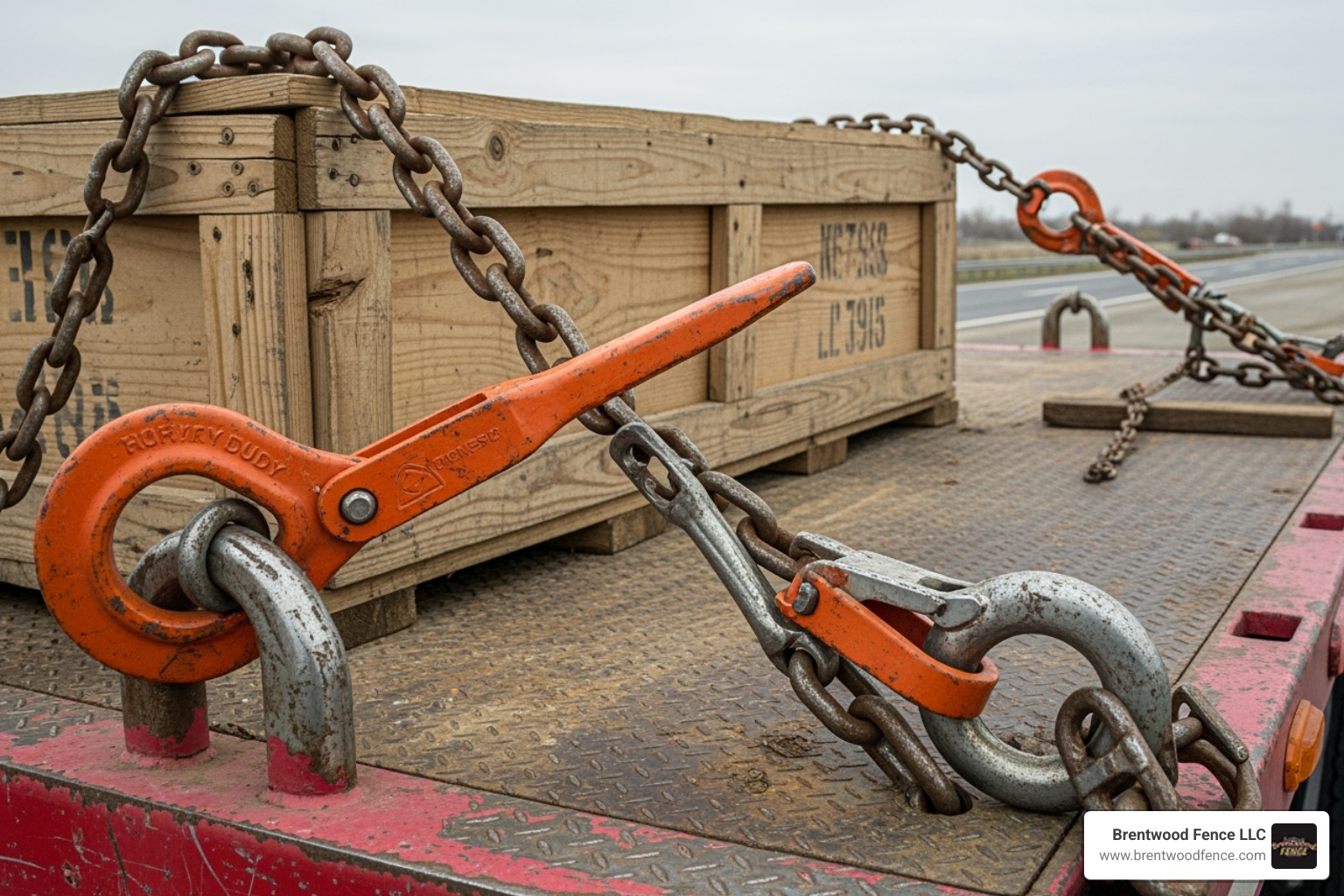 Image of a heavy transport chain securing cargo on a flatbed truck - heavy chain link