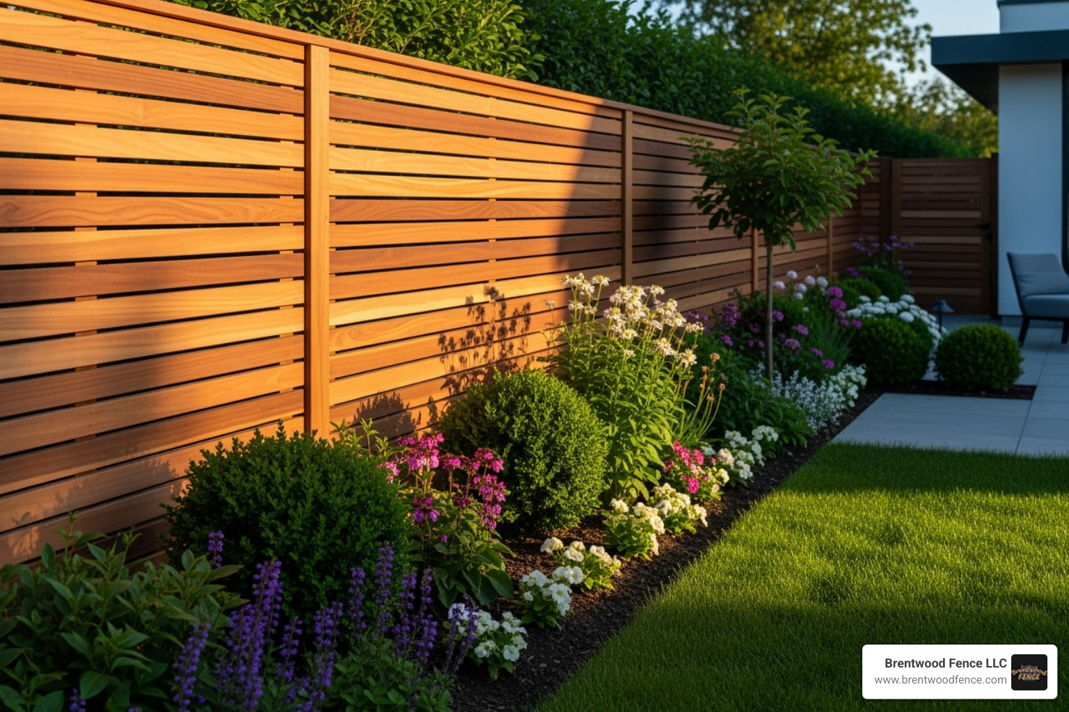 A cedar horizontal fence in a landscaped garden - types of privacy fences
