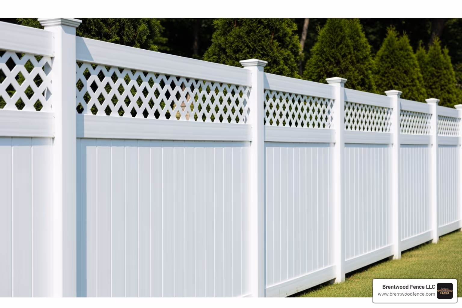 A classic white vinyl privacy fence with a lattice top - types of privacy fences