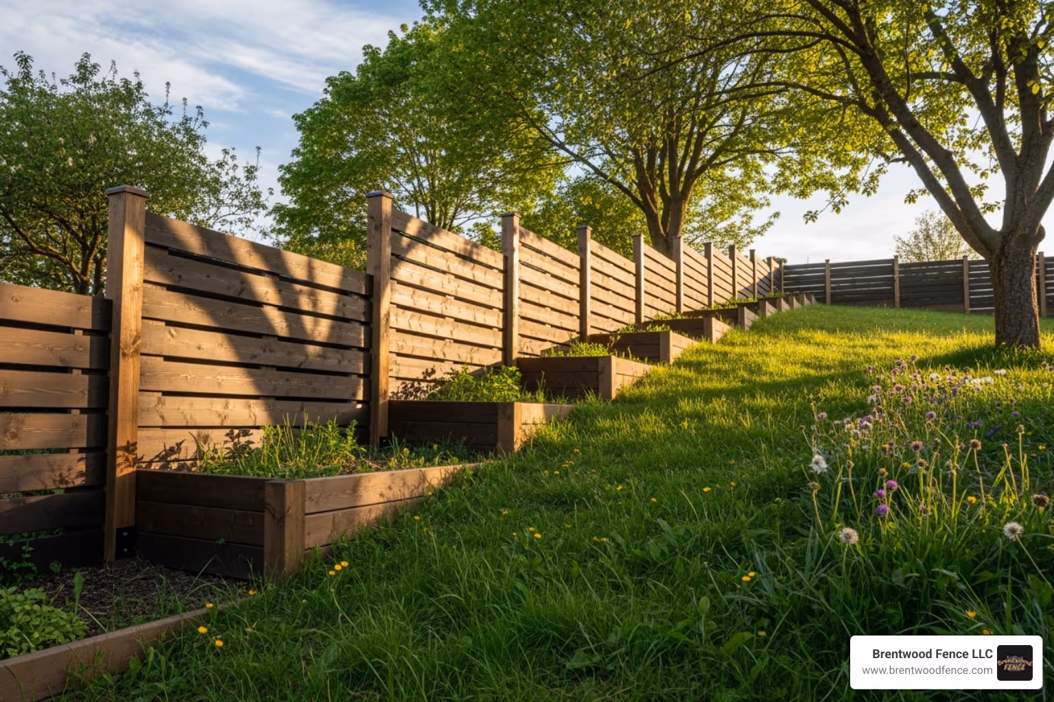 A fence on a sloped yard demonstrating the "stepping" method - types of privacy fences