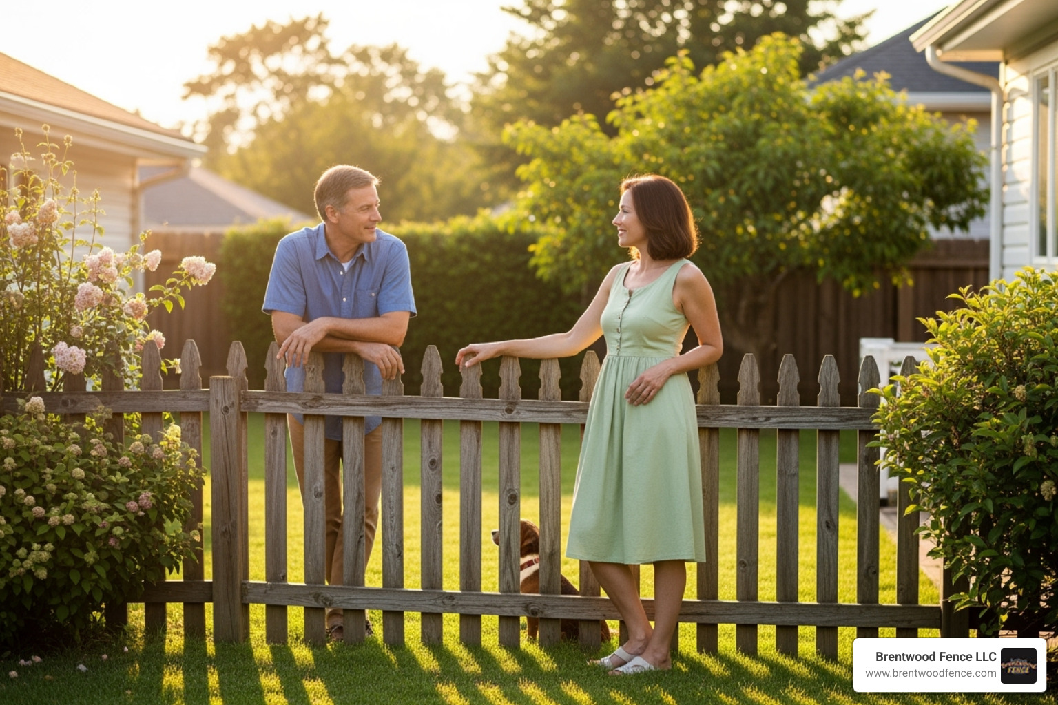 two neighbors talking calmly over a fence - can i remove neighbor's fence on my property massachusetts