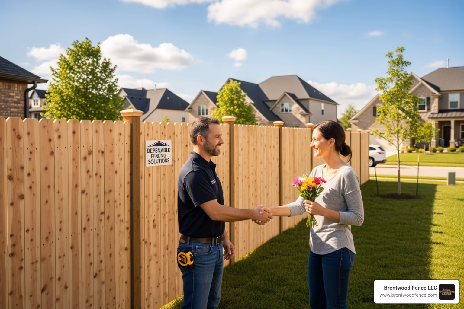contractor shaking hands with a smiling homeowner in front of a new fence - fence company pelham nh contractor shaking hands with a smiling homeowner in front of a new fence - fence company pelham nh