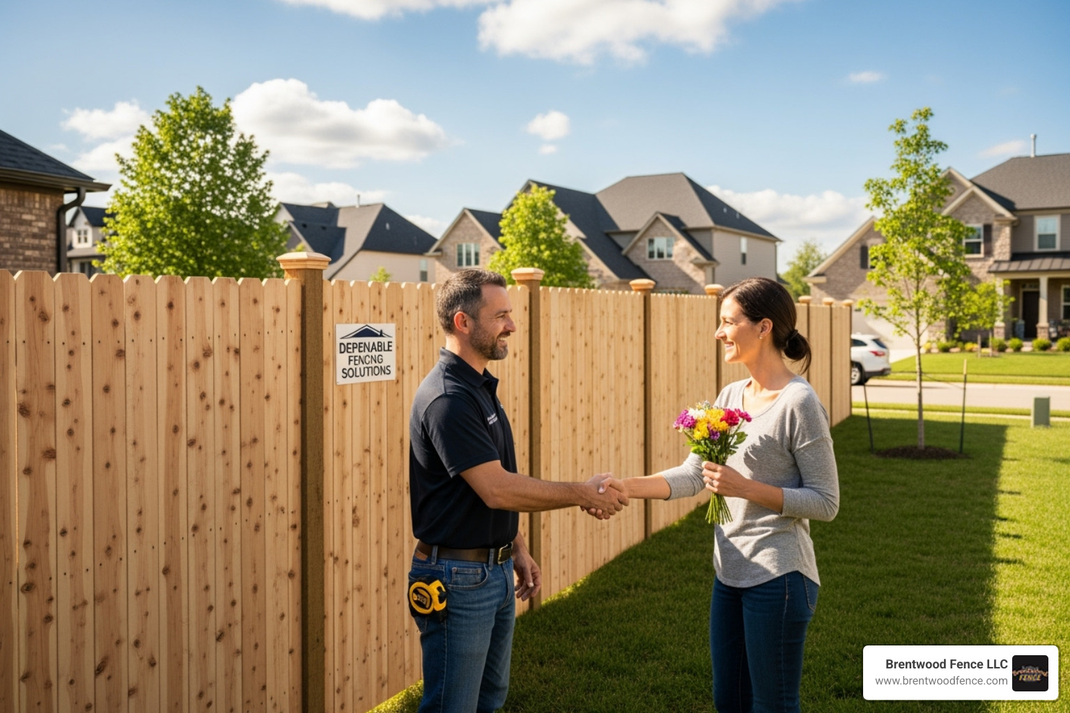 contractor shaking hands with a smiling homeowner in front of a new fence - fence company pelham nh