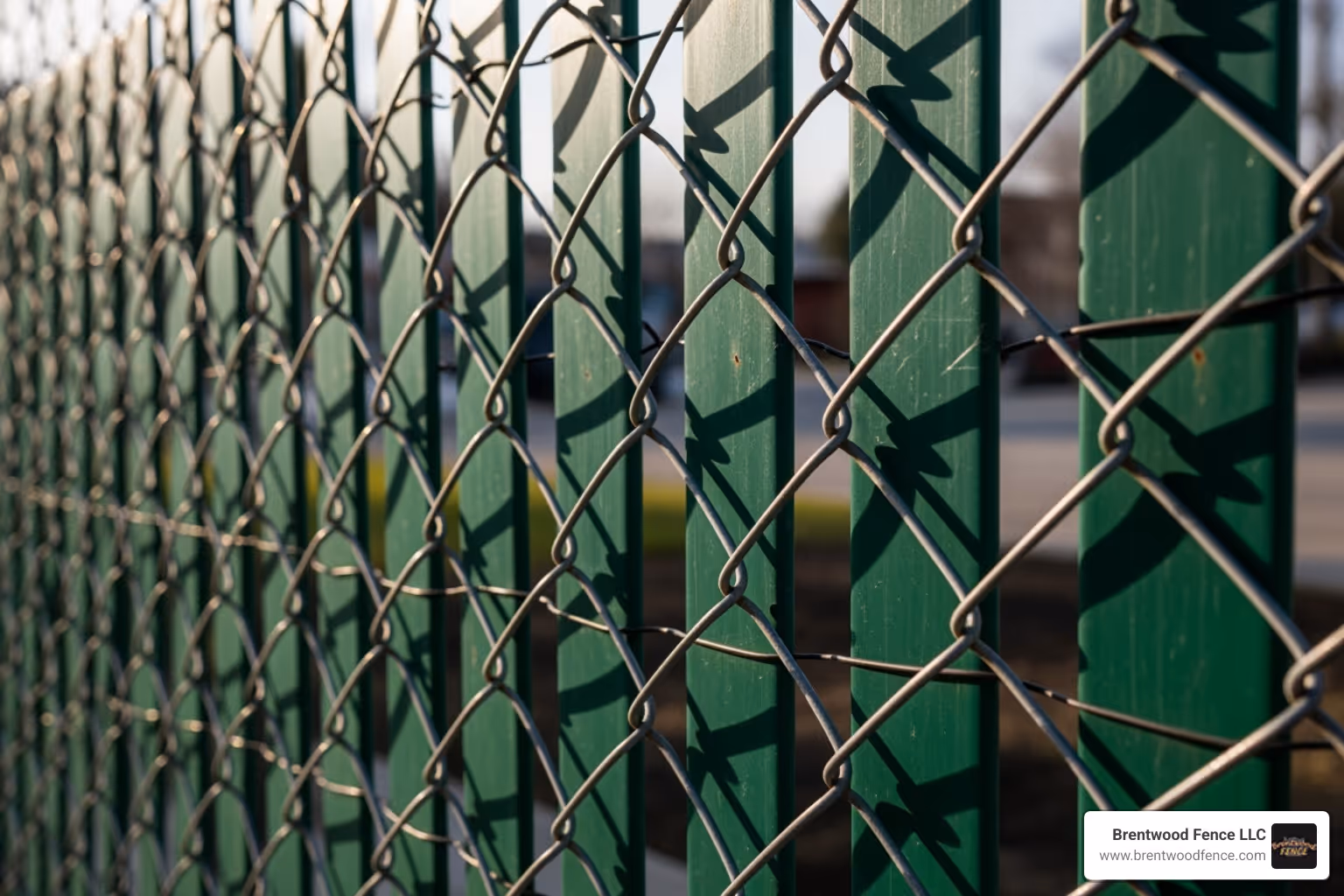 Chain link fence with green privacy slats woven in - metal chain link