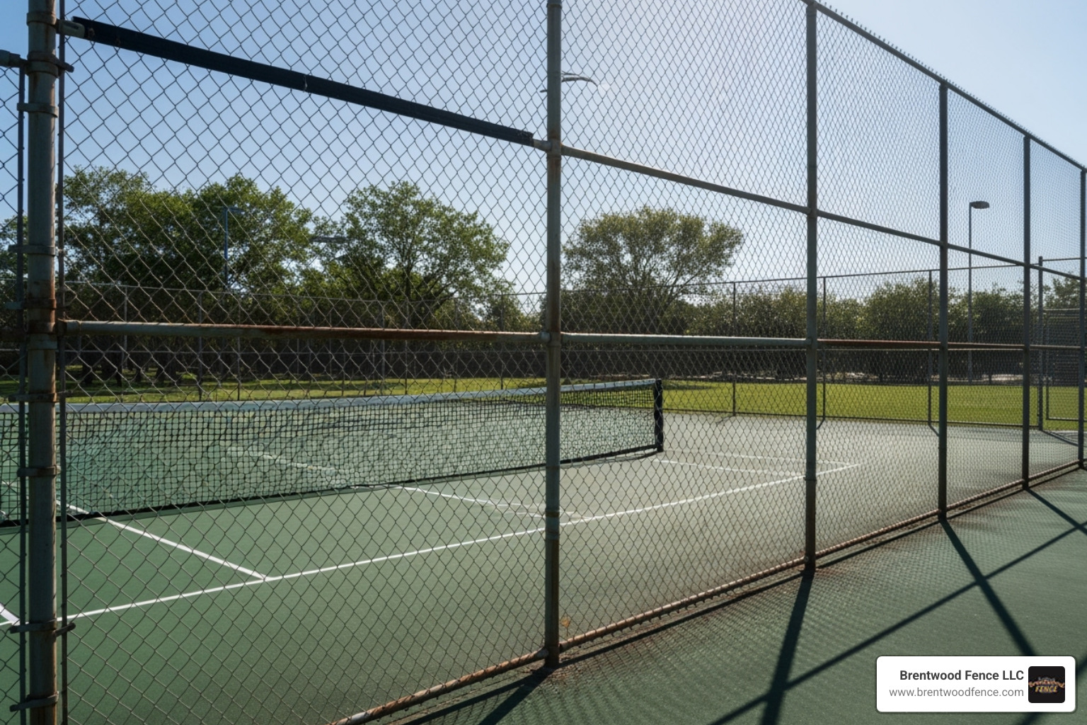 Tall chain link fence surrounding a tennis court - metal chain link