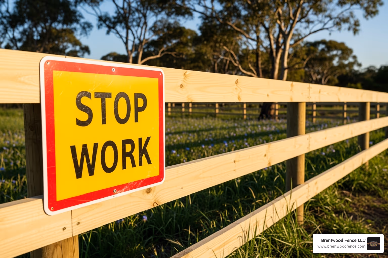 A "Stop Work Order" sign, prominently displayed on a newly constructed wooden fence, indicating that work has been halted due to regulatory non-compliance. - can i put a fence around wetlands in massachusetts
