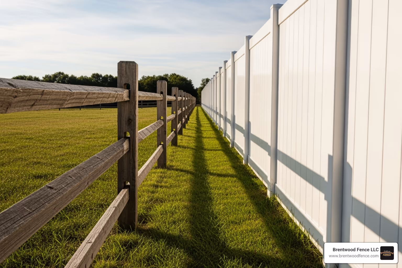 A split-rail fence with open gaps, allowing small animals to pass through, contrasts sharply with a solid vinyl privacy fence that completely blocks visibility and animal movement. - can i put a fence around wetlands in massachusetts