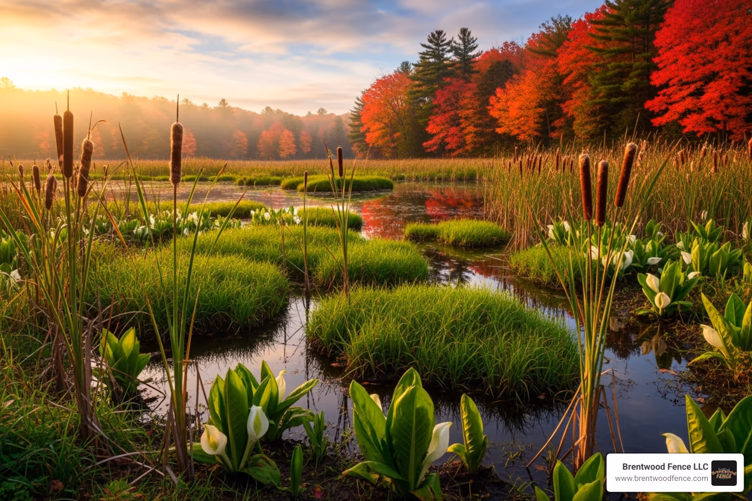 A lush wetland area in Massachusetts, showing characteristic plants like tall cattails, vibrant green sedges, and the distinctive leaves of skunk cabbage, with a backdrop of red maple trees. - can i put a fence around wetlands in massachusetts