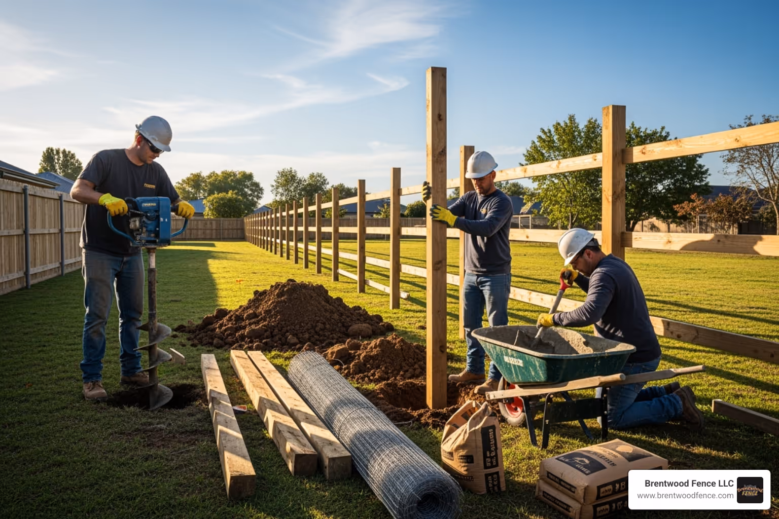 fence installation in progress, showing workers setting posts in concrete - fencing contractors