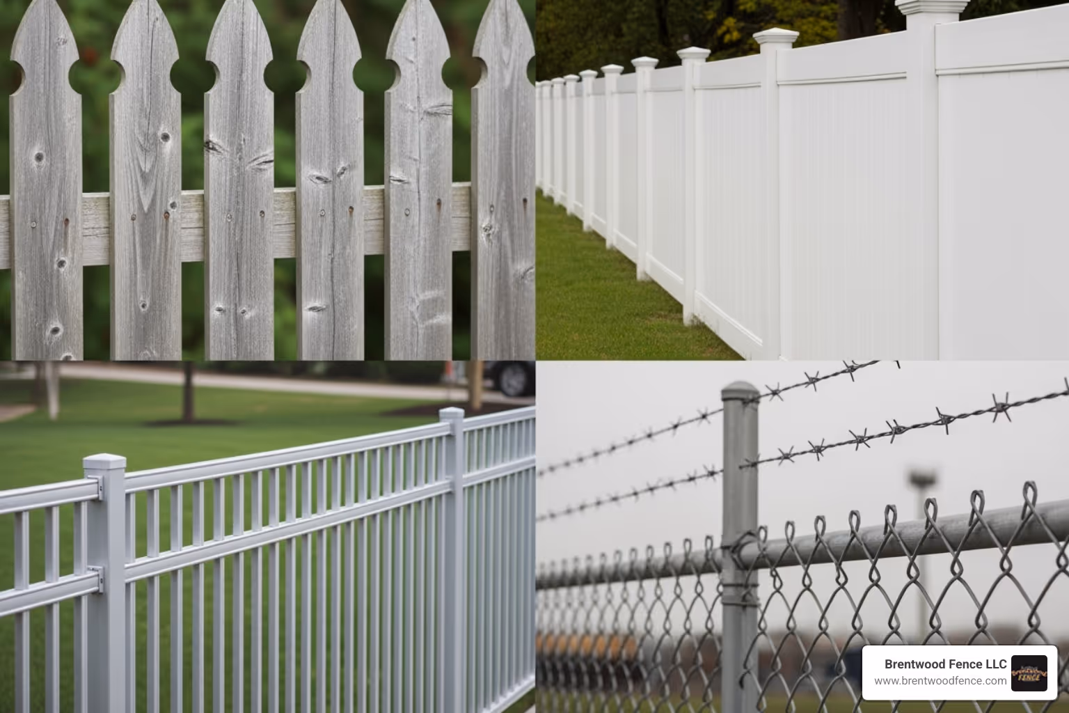 collage showing various fence materials like wood, vinyl, aluminum, and chain-link - fencing contractors