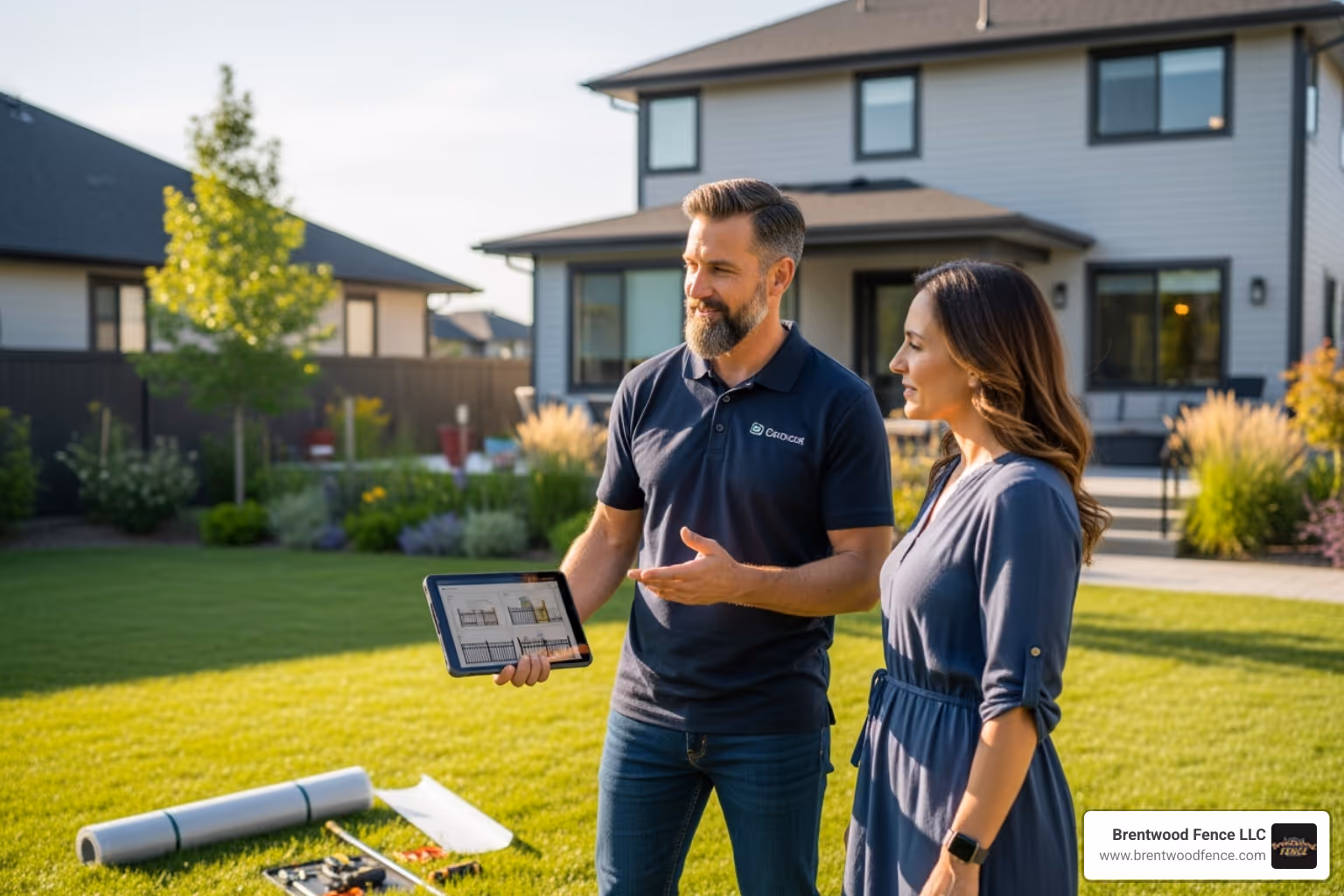 friendly, professional contractor discussing plans with a homeowner in their yard - fence contractor