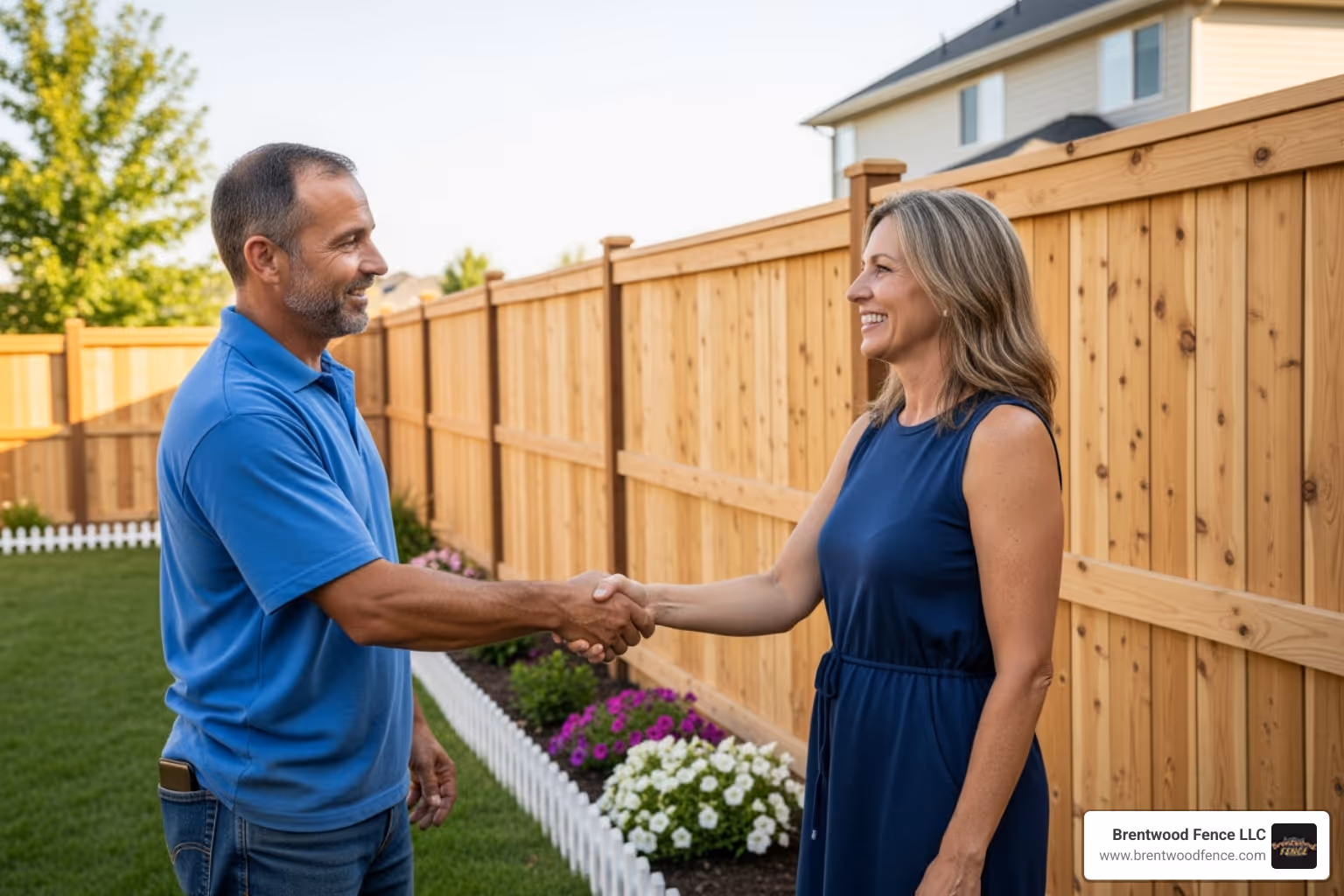 friendly contractor shaking hands with a homeowner in front of a fence - fence contractor near me friendly contractor shaking hands with a homeowner in front of a fence - fence contractor near me