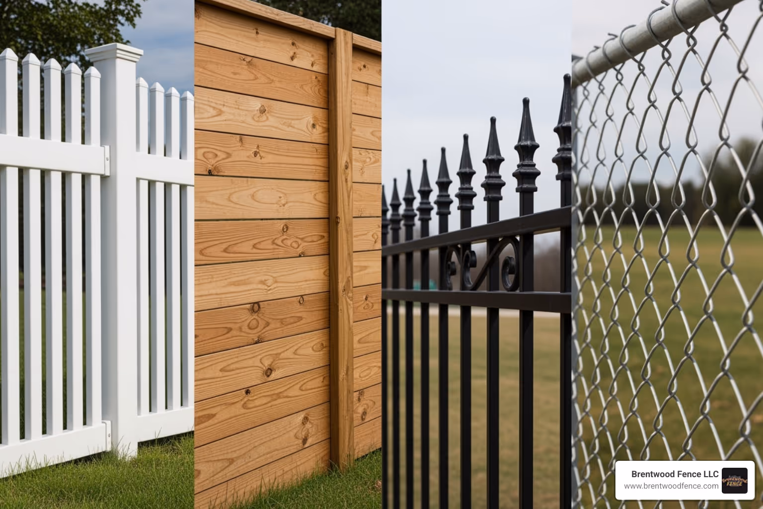 collage showing different fence materials like vinyl, wood, aluminum, and chain-link - fence contractor near me collage showing different fence materials like vinyl, wood, aluminum, and chain-link - fence contractor near me