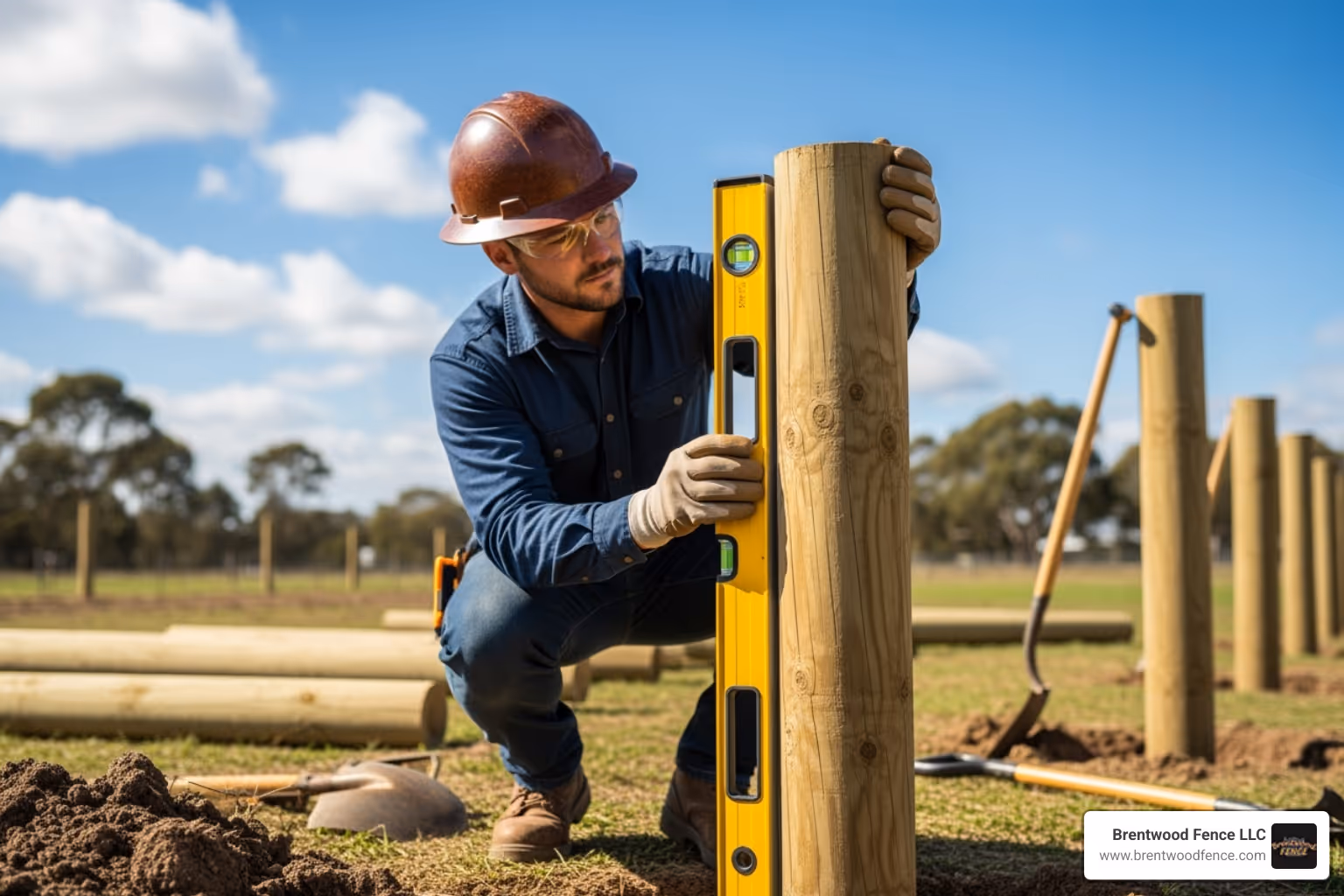 professional installer using a level on a fence post - how to install wood fence panels