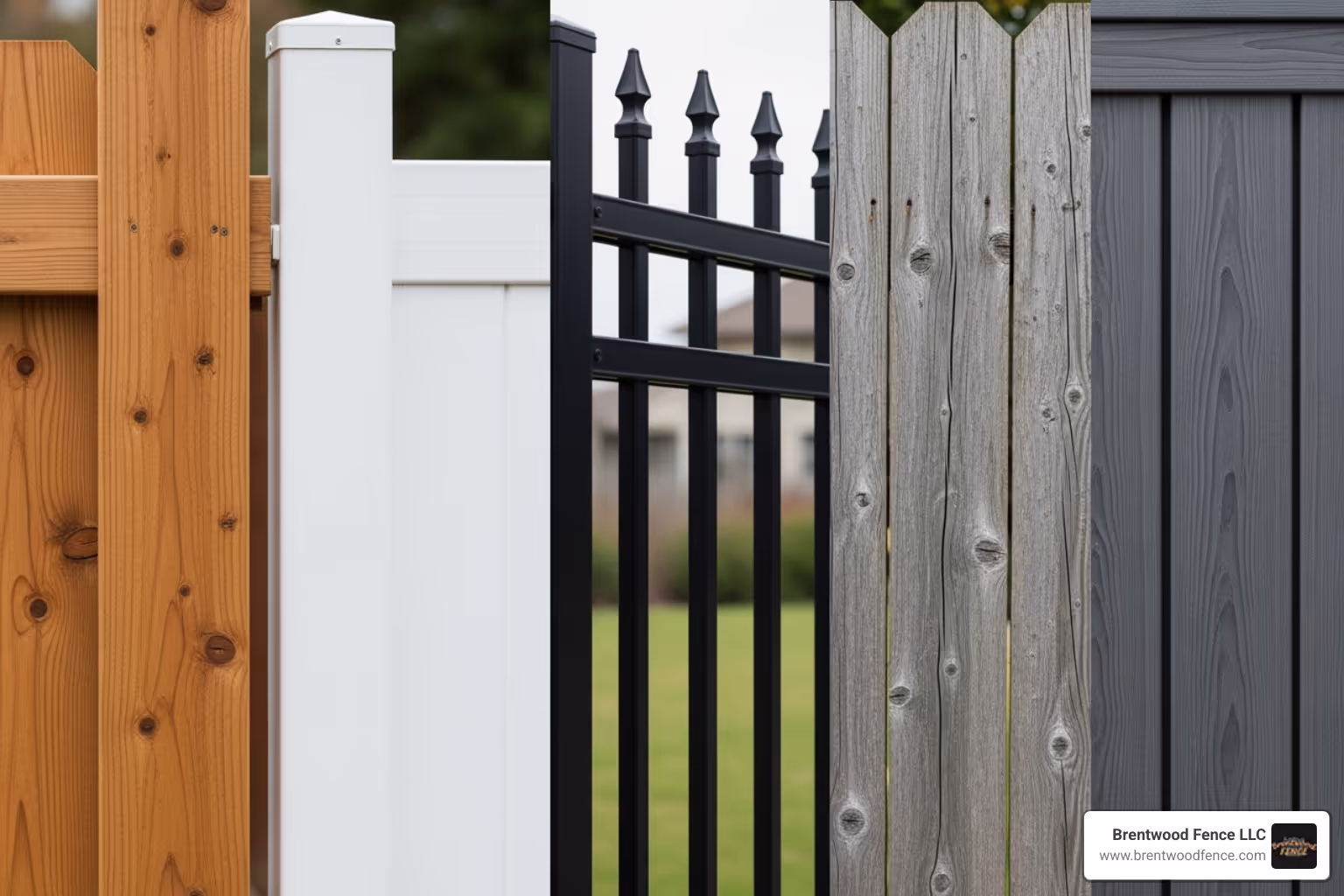 various fence materials like wood, vinyl, and aluminum displayed together - Local fence company various fence materials like wood, vinyl, and aluminum displayed together - Local fence company