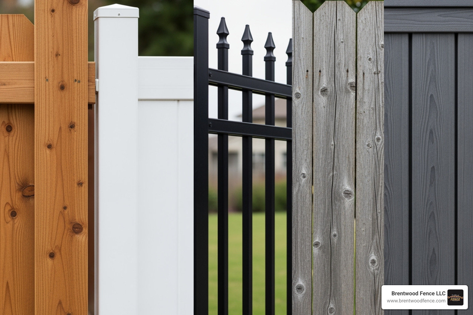 various fence materials like wood, vinyl, and aluminum displayed together - Local fence company