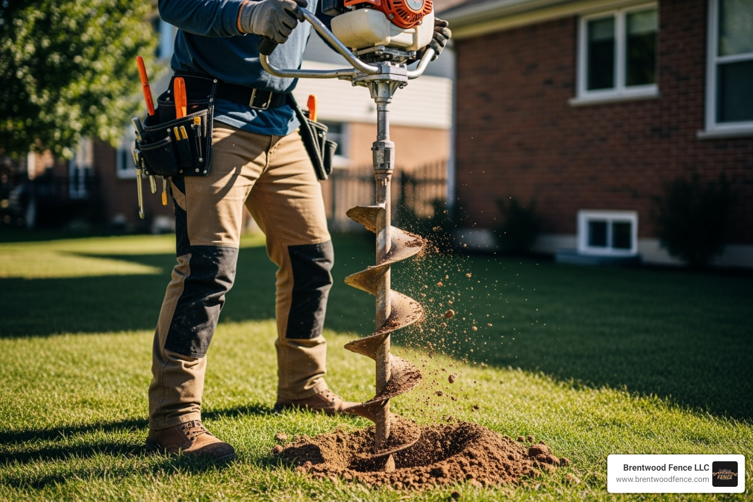 professional fence contractor using an auger to dig a post hole - Local fence company