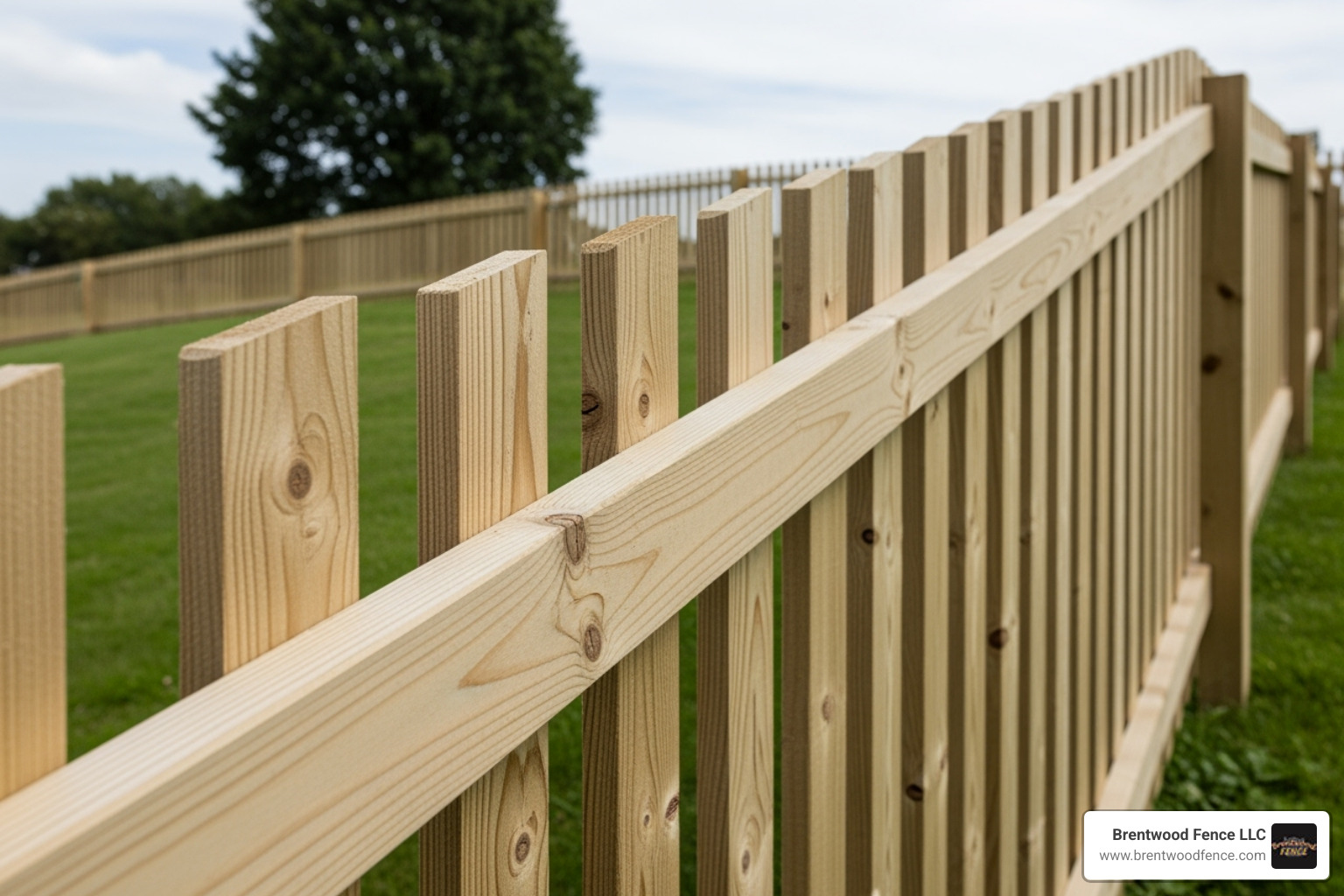 a close-up on a racked fence panel showing the angled rail and vertical pickets - installing wood fence on a slope