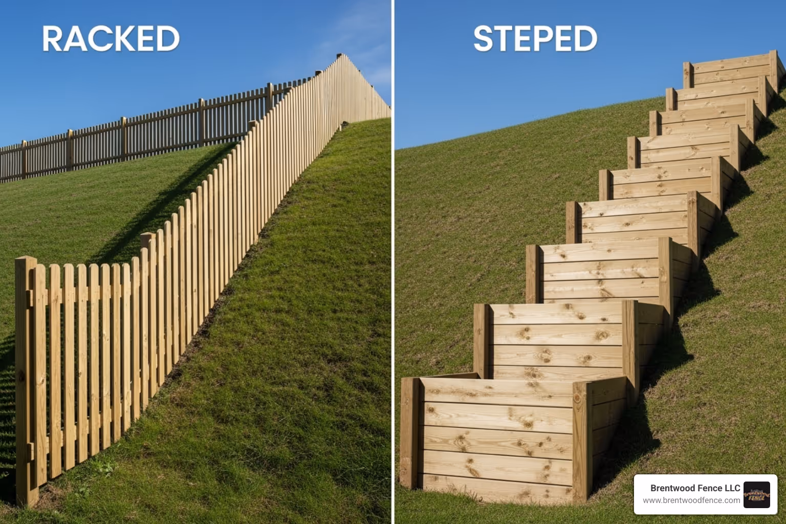 side-by-side comparison of a racked fence and a stepped fence on the same hill - installing wood fence on a slope side-by-side comparison of a racked fence and a stepped fence on the same hill - installing wood fence on a slope