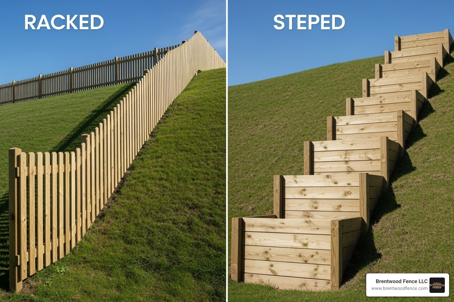 side-by-side comparison of a racked fence and a stepped fence on the same hill - installing wood fence on a slope
