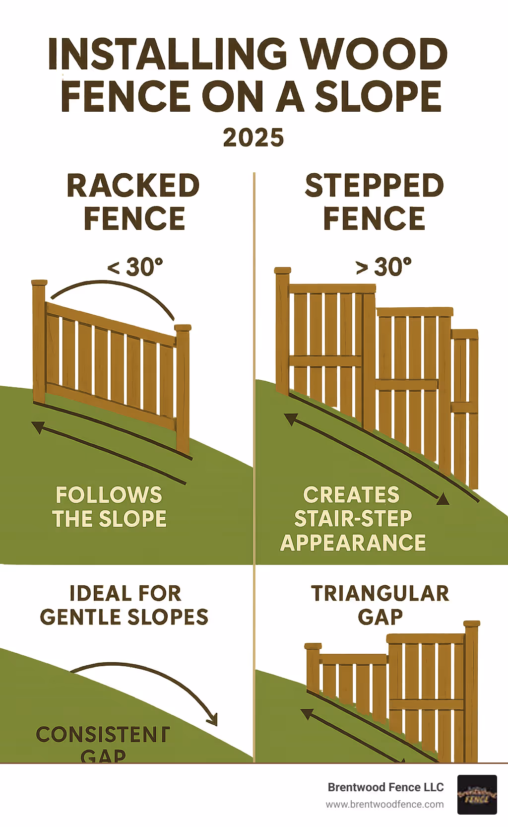 Infographic comparing racked fence method showing fence panels following the slope contour versus stepped fence method showing level panels creating stair-step appearance, with annotations for ideal slope angles, gap patterns, and visual differences - installing wood fence on a slope infographic Infographic comparing racked fence method showing fence panels following the slope contour versus stepped fence method showing level panels creating stair-step appearance, with annotations for ideal slope angles, gap patterns, and visual differences - installing wood fence on a slope infographic