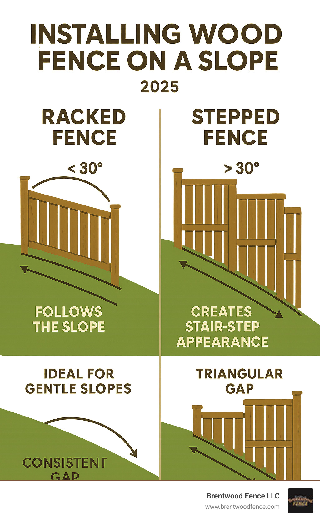 Infographic comparing racked fence method showing fence panels following the slope contour versus stepped fence method showing level panels creating stair-step appearance, with annotations for ideal slope angles, gap patterns, and visual differences - installing wood fence on a slope infographic 