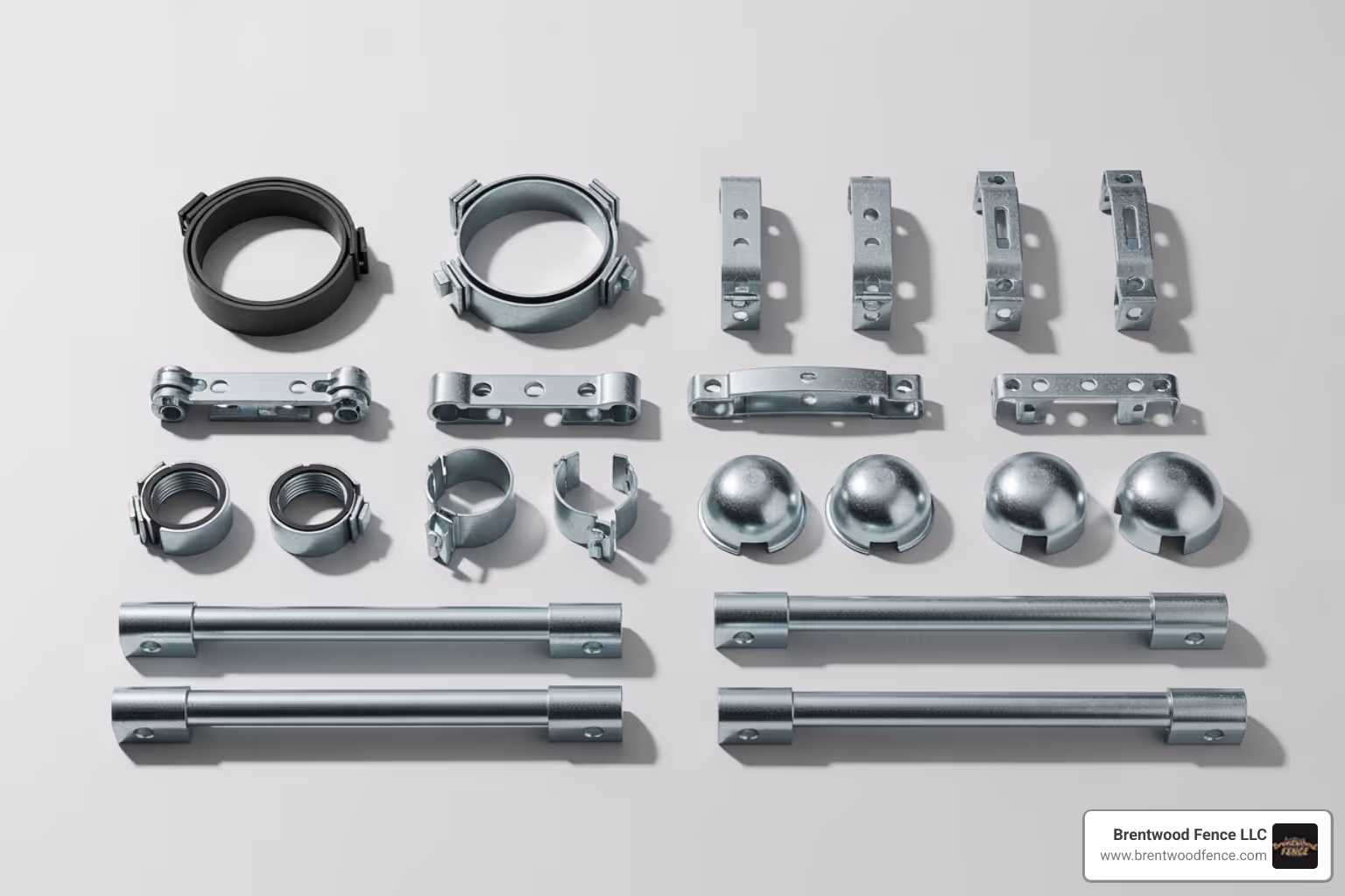 Detailed infographic showing a cross-section of commercial chain link fence with labeled hardware components including terminal posts, line posts, top rail, tension bands, brace bands, post caps, rail ends, tension bars, and fence ties with arrows pointing to each component - chain link fence hardware infographic Detailed infographic showing a cross-section of commercial chain link fence with labeled hardware components including terminal posts, line posts, top rail, tension bands, brace bands, post caps, rail ends, tension bars, and fence ties with arrows pointing to each component - chain link fence hardware infographic