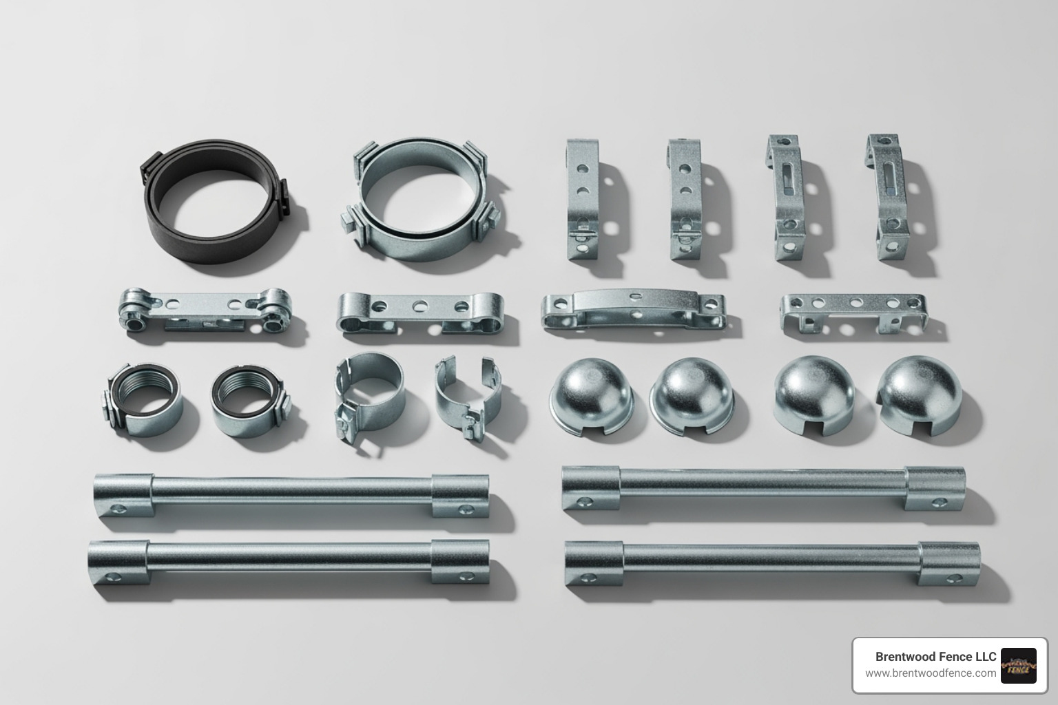 Detailed infographic showing a cross-section of commercial chain link fence with labeled hardware components including terminal posts, line posts, top rail, tension bands, brace bands, post caps, rail ends, tension bars, and fence ties with arrows pointing to each component - chain link fence hardware infographic 