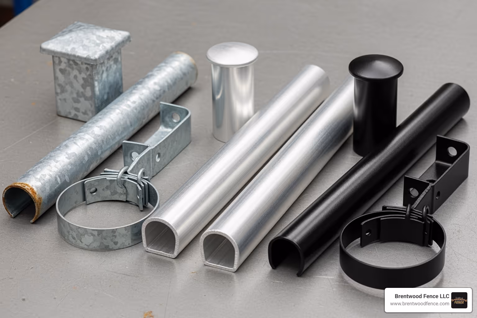 image showing a side-by-side comparison of galvanized, aluminum, and black powder-coated fence fittings. - chain link fence hardware image showing a side-by-side comparison of galvanized, aluminum, and black powder-coated fence fittings. - chain link fence hardware