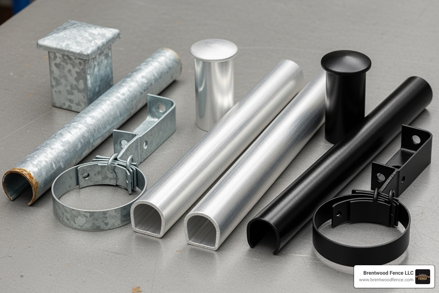 image showing a side-by-side comparison of galvanized, aluminum, and black powder-coated fence fittings. - chain link fence hardware