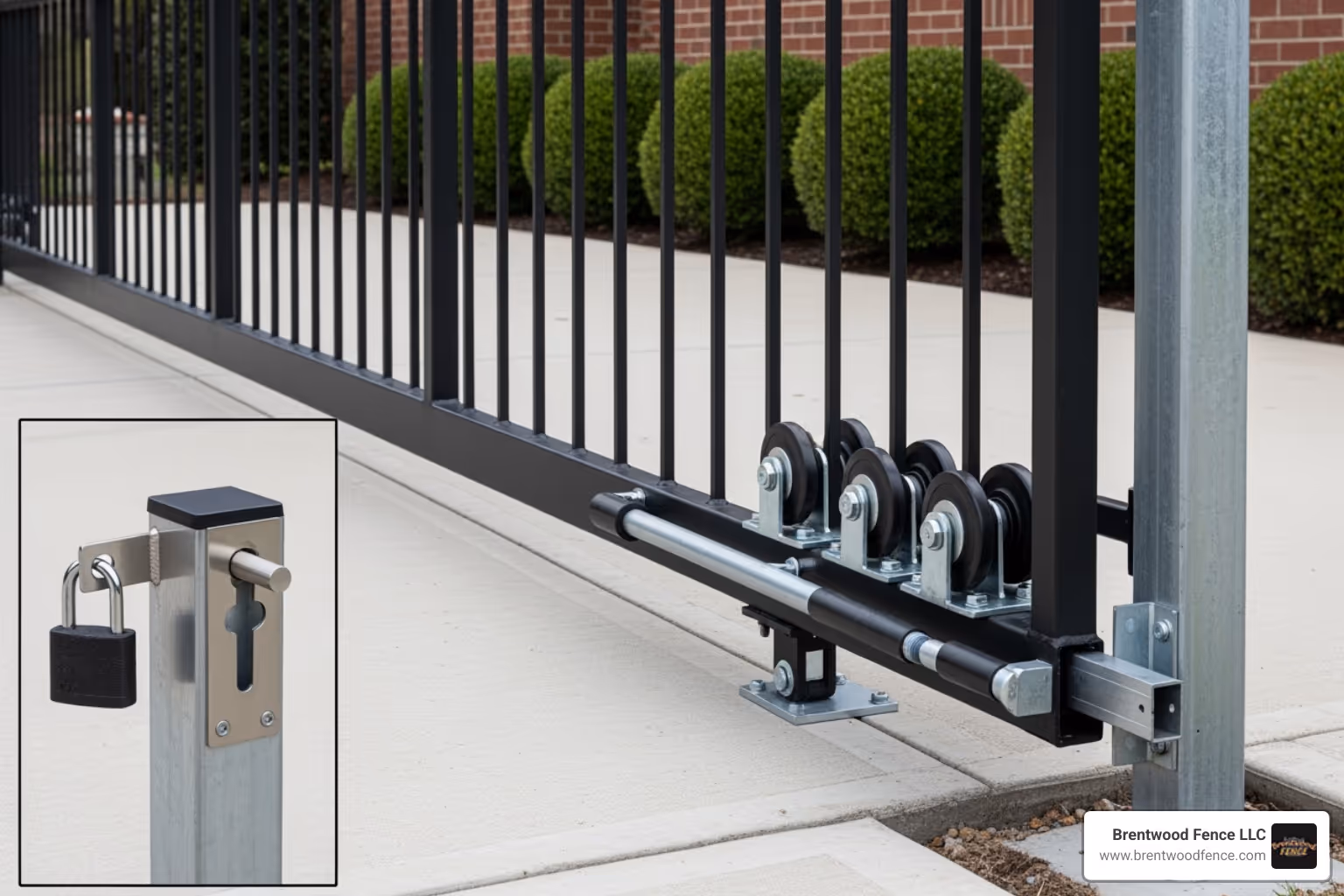 image of a commercial cantilever slide gate showing the roller and latch assembly. - chain link fence hardware image of a commercial cantilever slide gate showing the roller and latch assembly. - chain link fence hardware