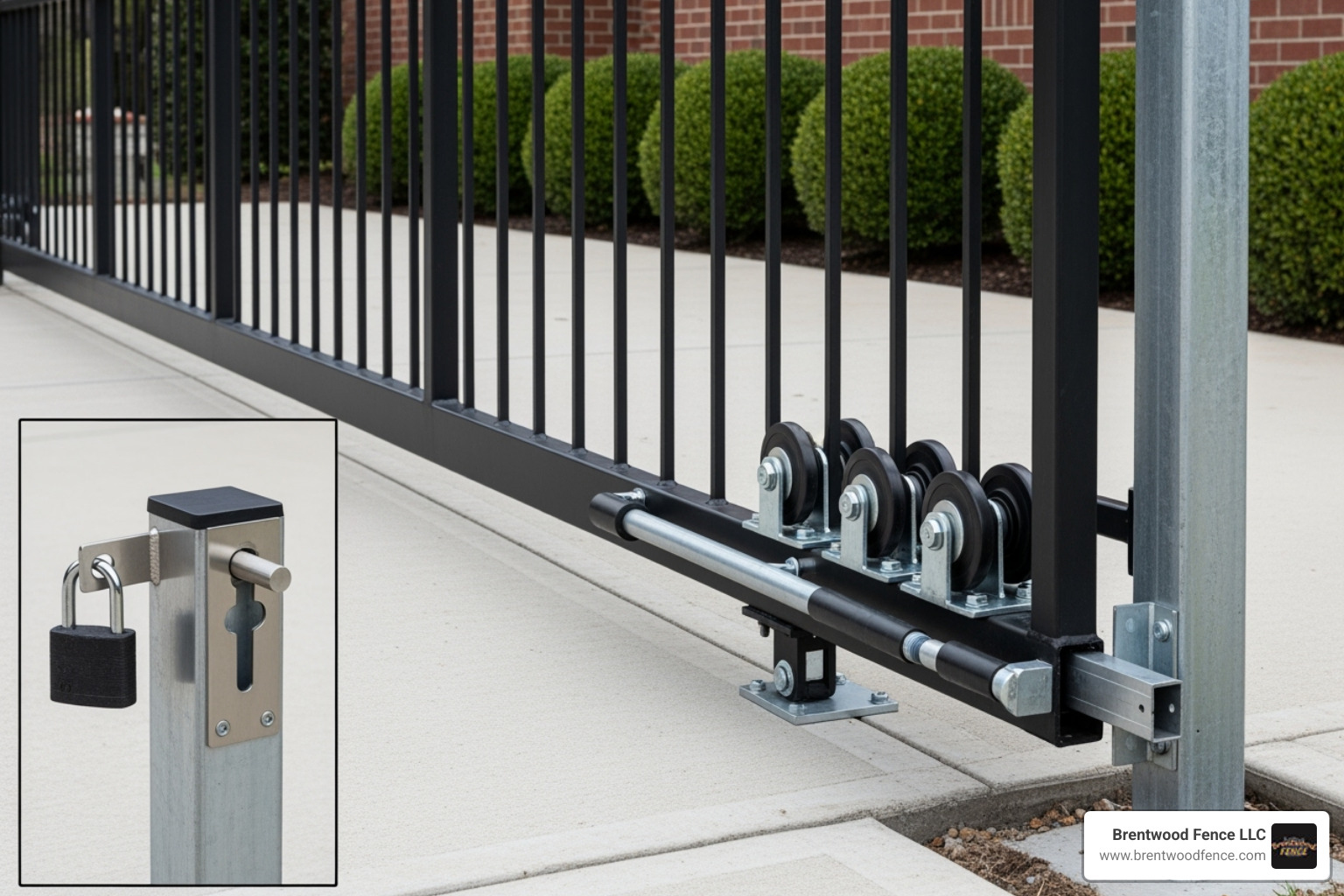 image of a commercial cantilever slide gate showing the roller and latch assembly. - chain link fence hardware