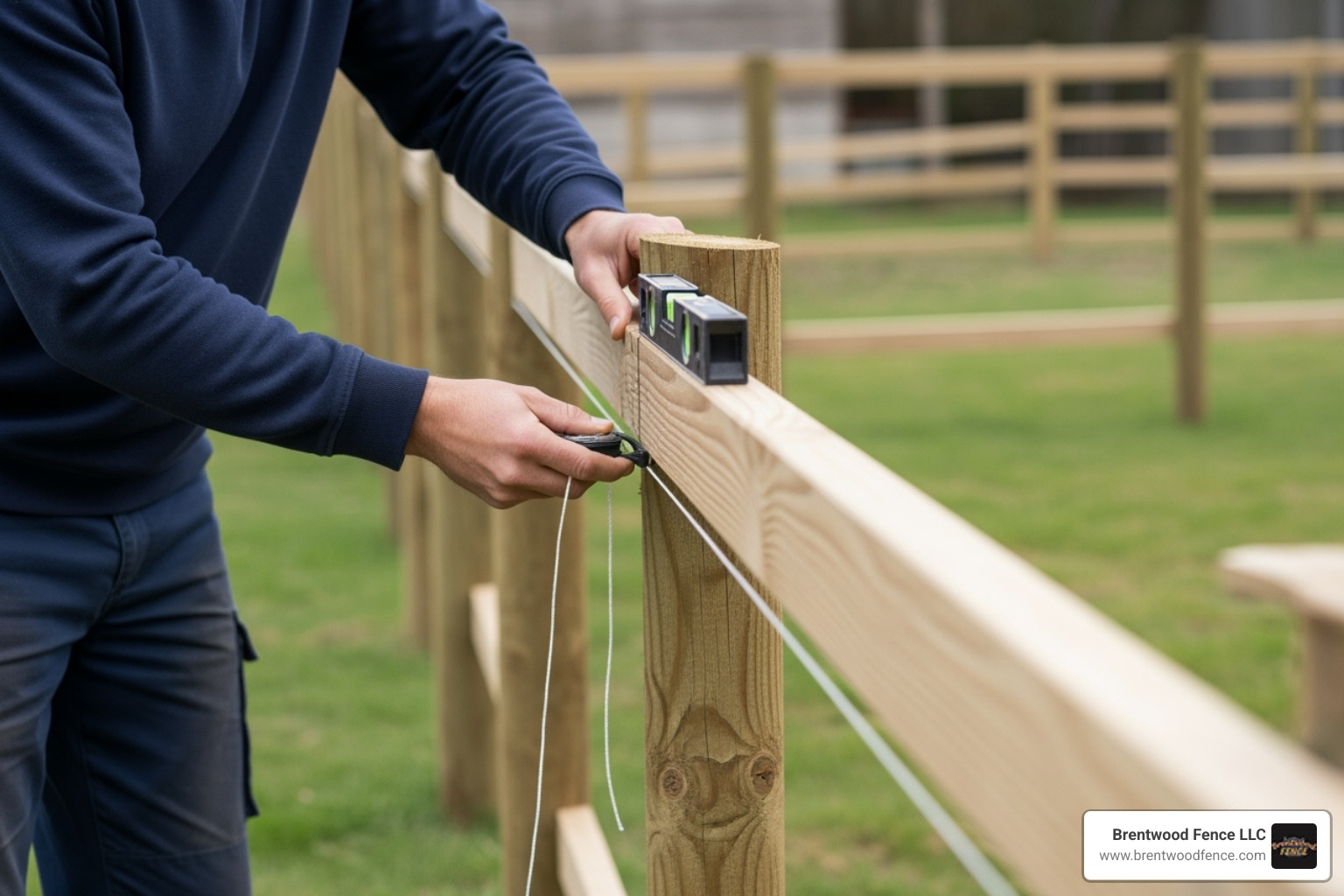 A professional using a string line and level to mark rail placement on a series of fence posts, ensuring precise alignment. - installing wood fence rails