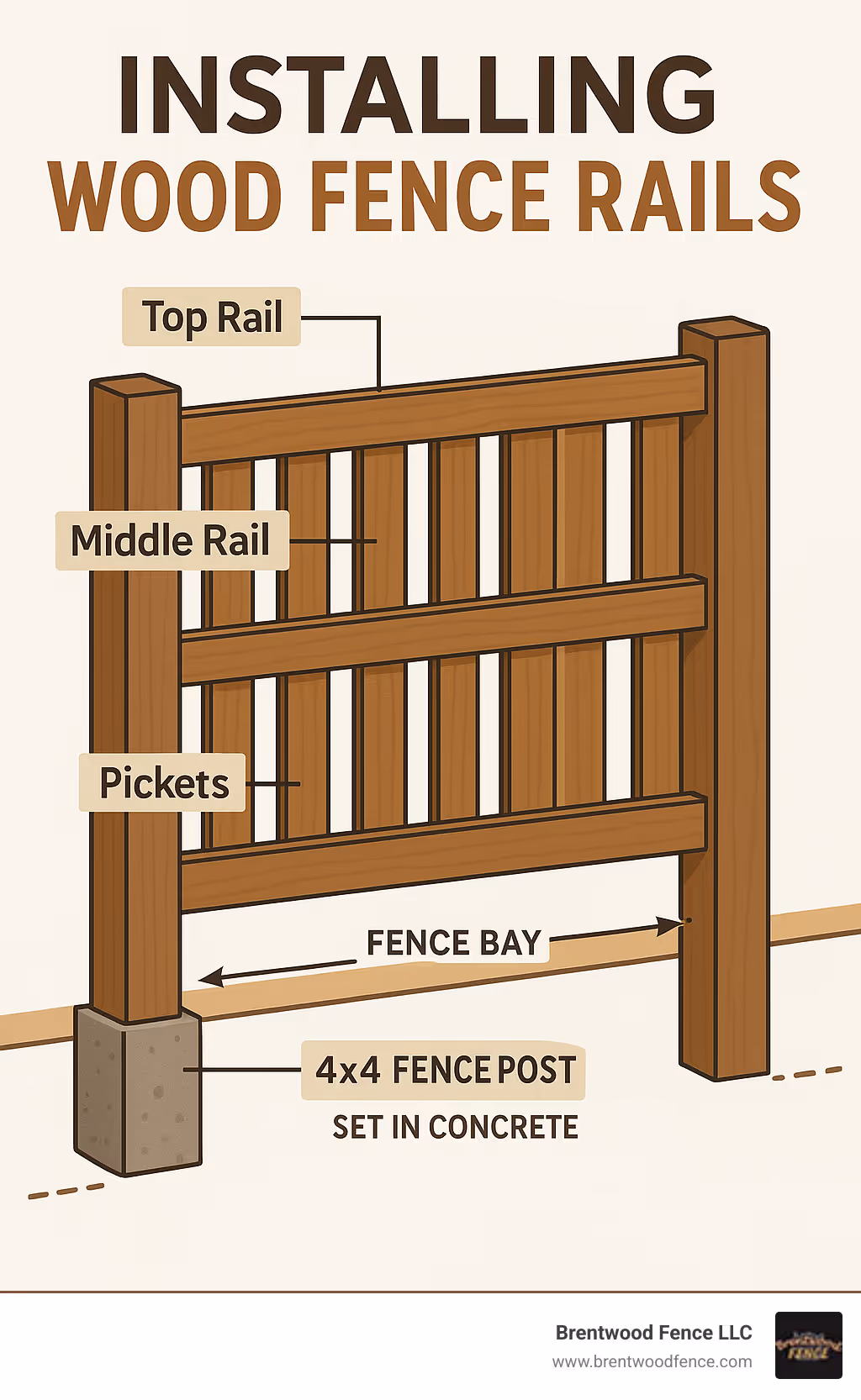 Detailed infographic showing fence anatomy with labeled components: 4x4 fence post set in concrete, horizontal rails (stringers) at top middle and bottom positions, vertical pickets attached to rails, fence bay spanning between posts, and grade line showing proper ground clearance - installing wood fence rails infographic 