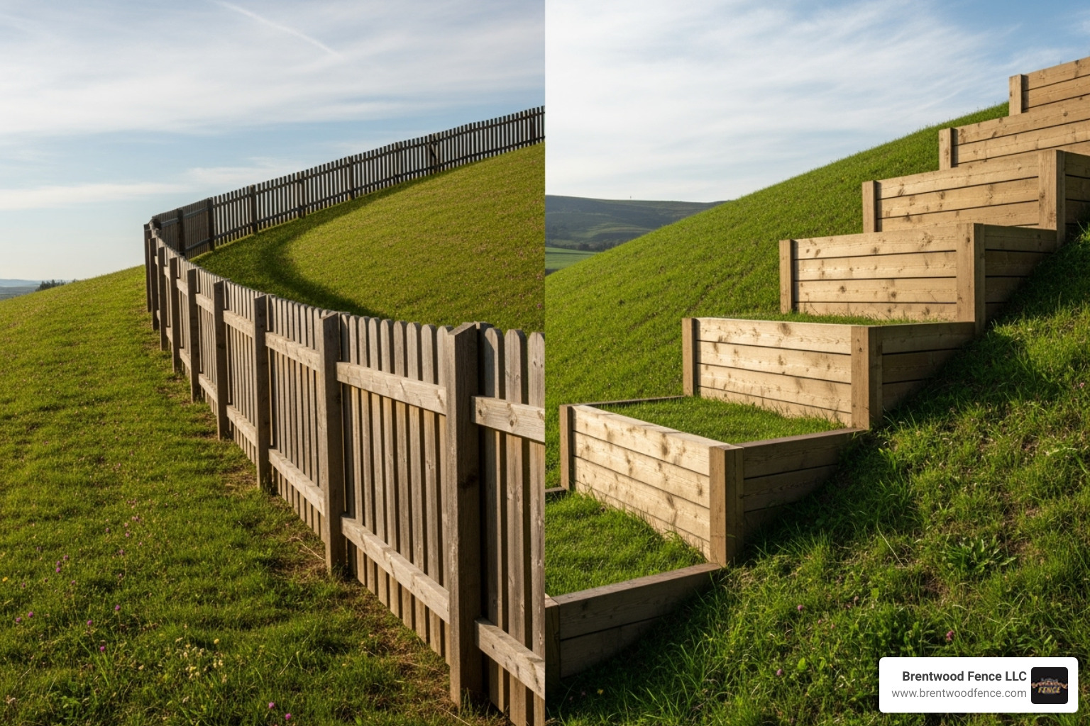 A visual comparison demonstrating a racked fence that follows the natural slope of the ground versus a stepped fence that creates distinct horizontal sections. - installing wood fence rails