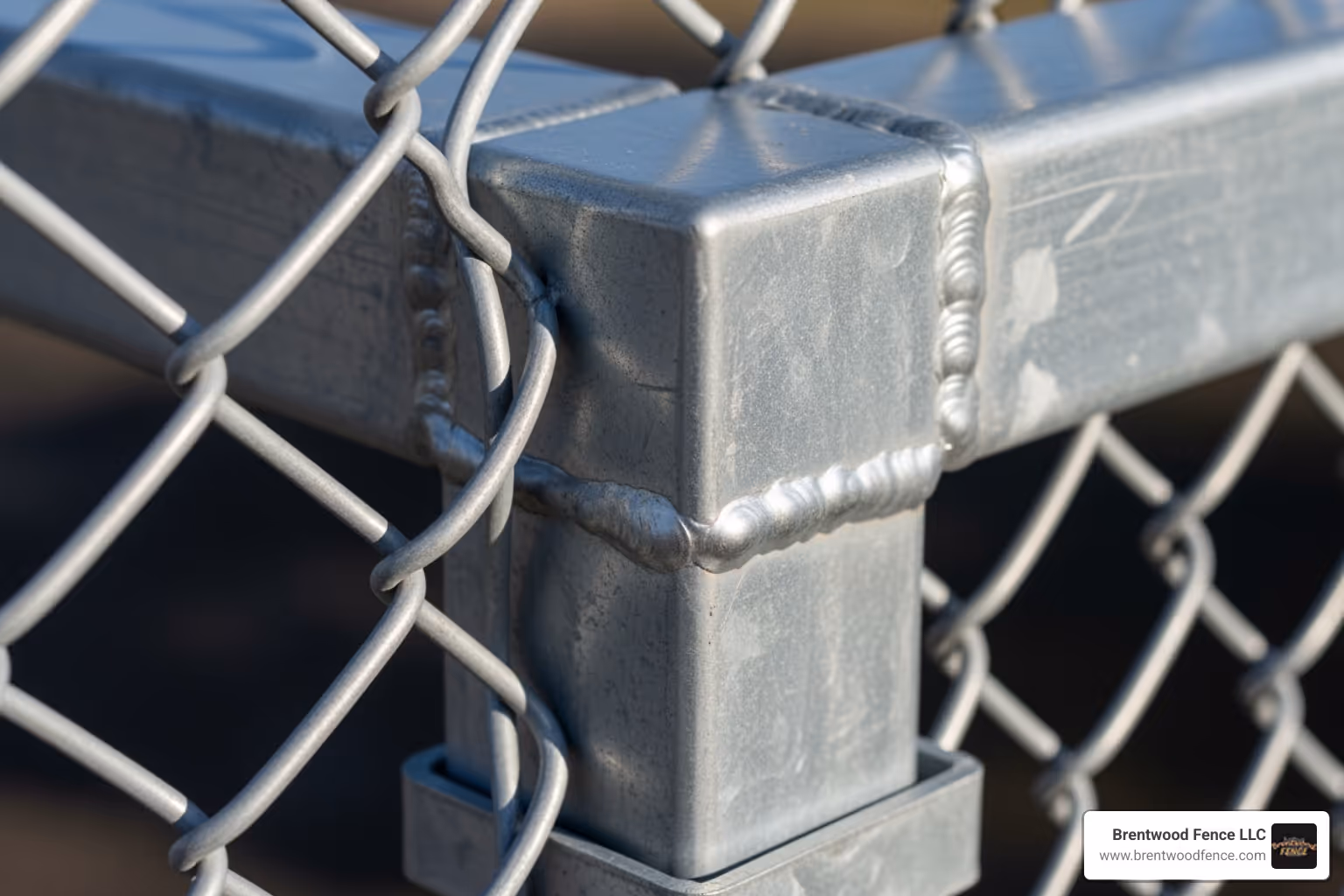 Close-up on a galvanized chain link mesh and a heavy-duty welded frame corner - commercial chain link gates Close-up on a galvanized chain link mesh and a heavy-duty welded frame corner - commercial chain link gates
