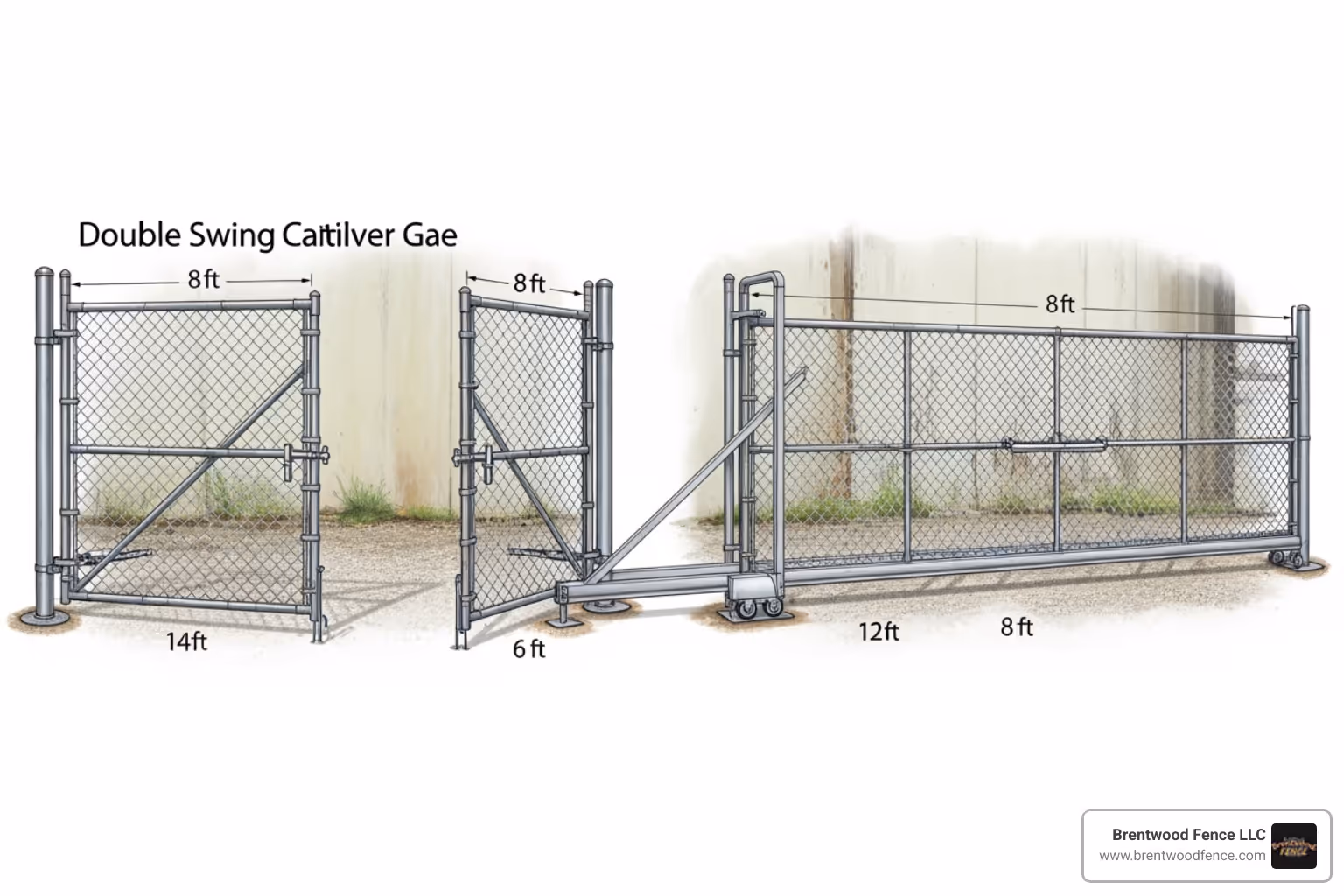 Illustration of the three main gate types: a double swing gate, a sliding cantilever gate, and a rolling gate - commercial chain link gates Illustration of the three main gate types: a double swing gate, a sliding cantilever gate, and a rolling gate - commercial chain link gates