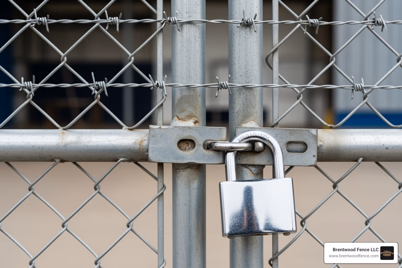 commercial gate topped with three strands of barbed wire and featuring a heavy-duty lock - commercial chain link gates commercial gate topped with three strands of barbed wire and featuring a heavy-duty lock - commercial chain link gates