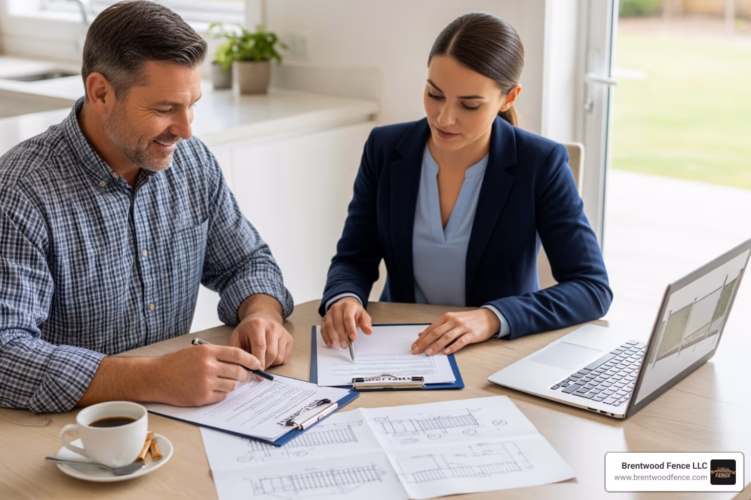 homeowner reviewing a fencing contract with a contractor - best rated fence company homeowner reviewing a fencing contract with a contractor - best rated fence company