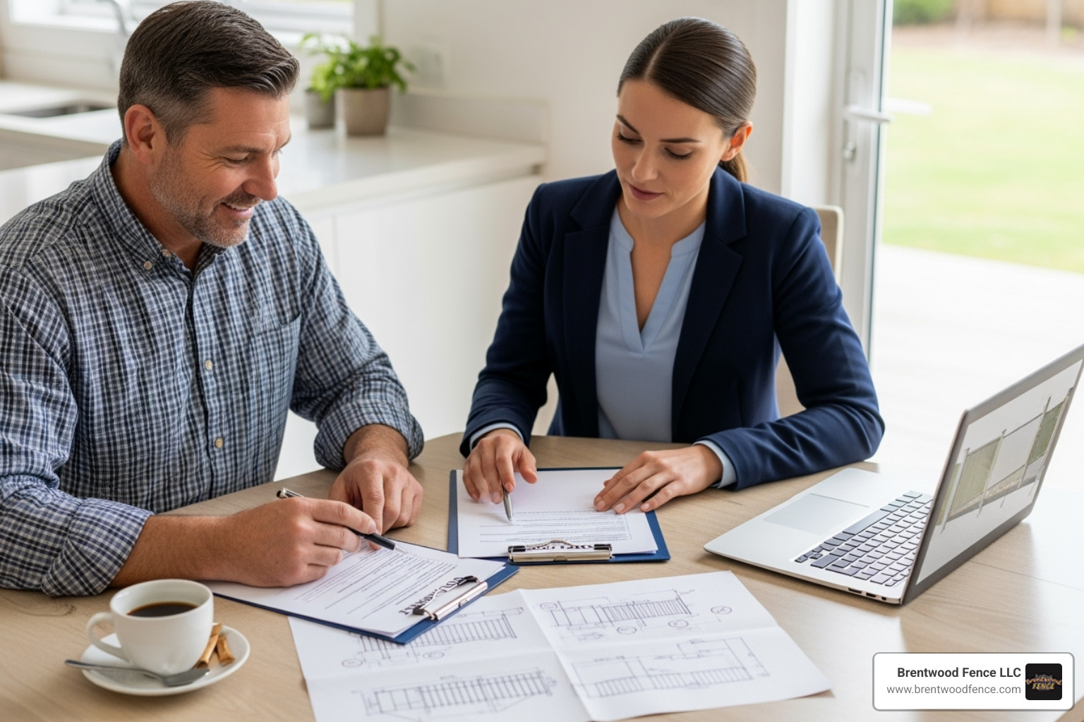 homeowner reviewing a fencing contract with a contractor - best rated fence company