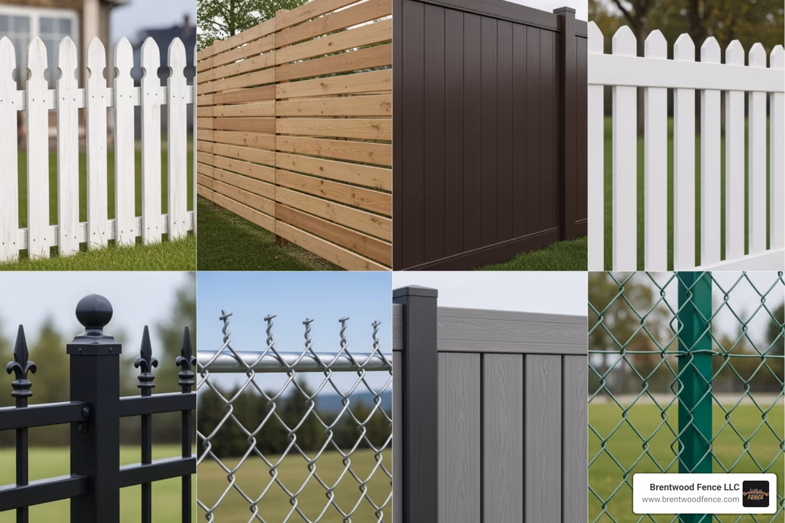 collage showing different fence materials like wood, vinyl, and aluminum - best rated fence company collage showing different fence materials like wood, vinyl, and aluminum - best rated fence company