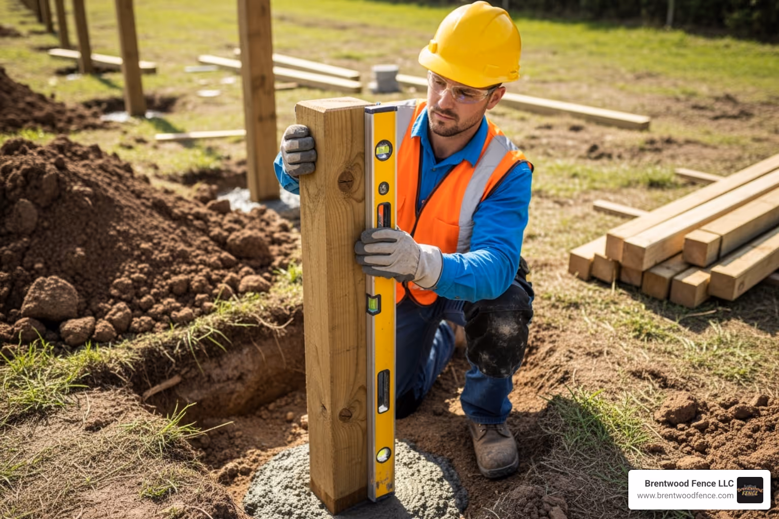 A professional installer using a level to ensure a fence post is perfectly plumb (vertical) while being set in concrete. - installing wood picket fence panels
