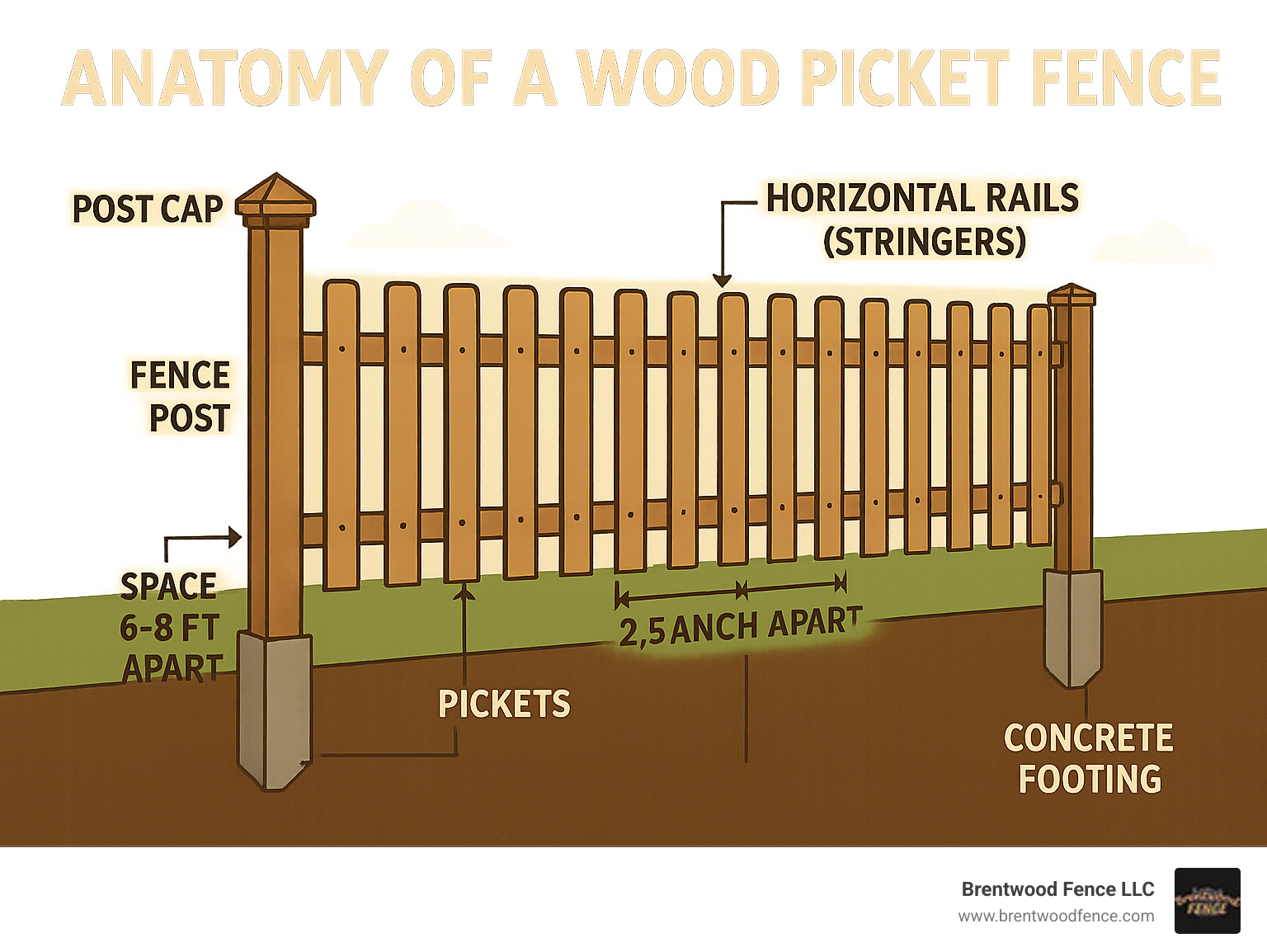 Infographic showing the anatomy of a wood picket fence with labeled components: fence posts set in concrete footings spaced 6-8 feet apart, horizontal rails (stringers) attached between posts, vertical pickets spaced 2.5 inches apart and 1 inch above ground, and decorative post caps on top - installing wood picket fence panels infographic 