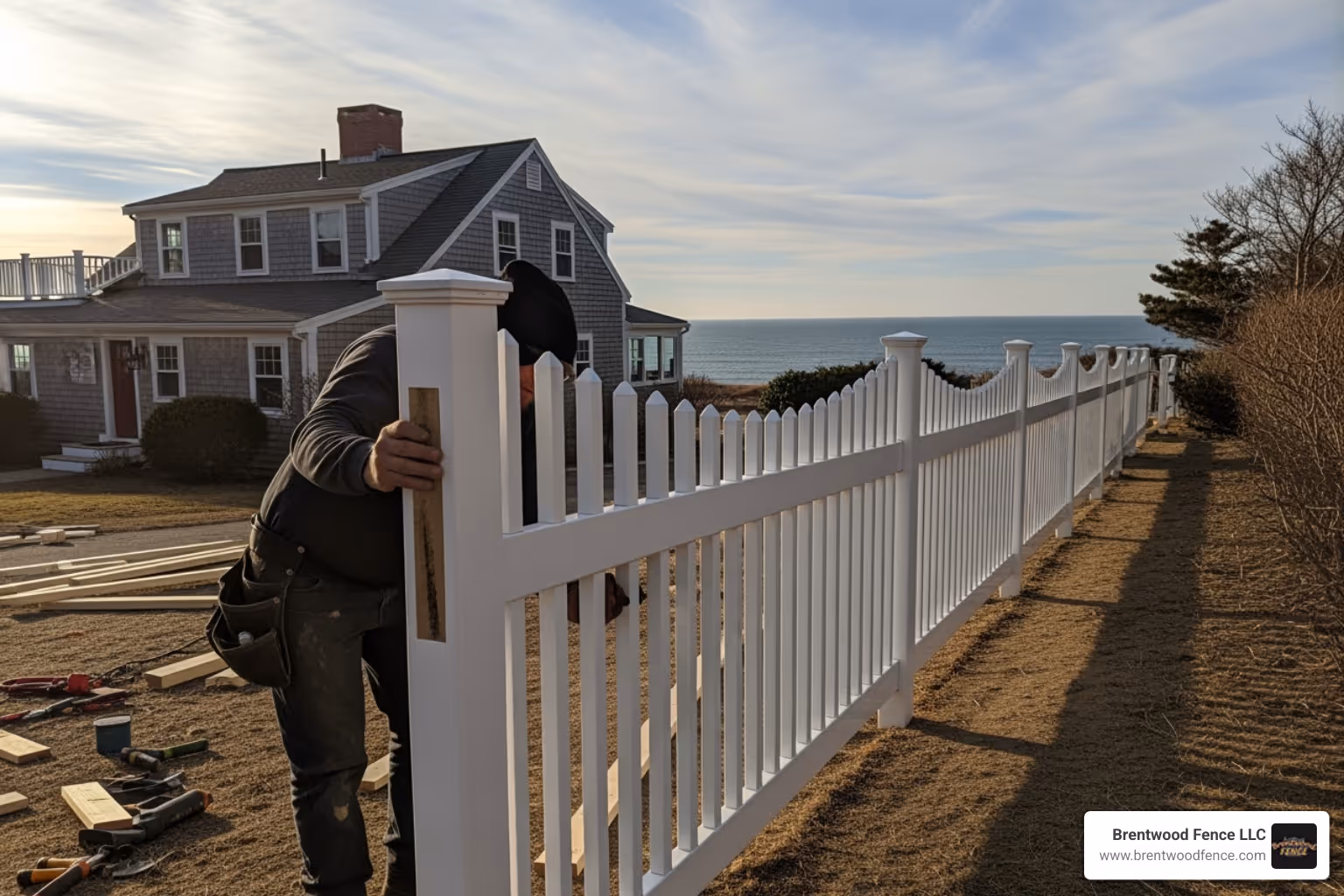 A professional painter applying stain to a newly installed wood picket fence, ensuring even coverage and protection. - installing wood picket fence panels